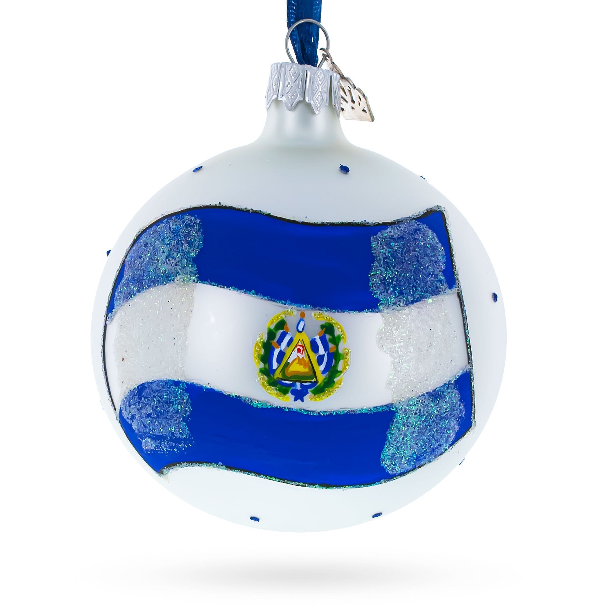 Flag Of El Salvador Blown Glass Ball Christmas Ornament 3.25 Inches