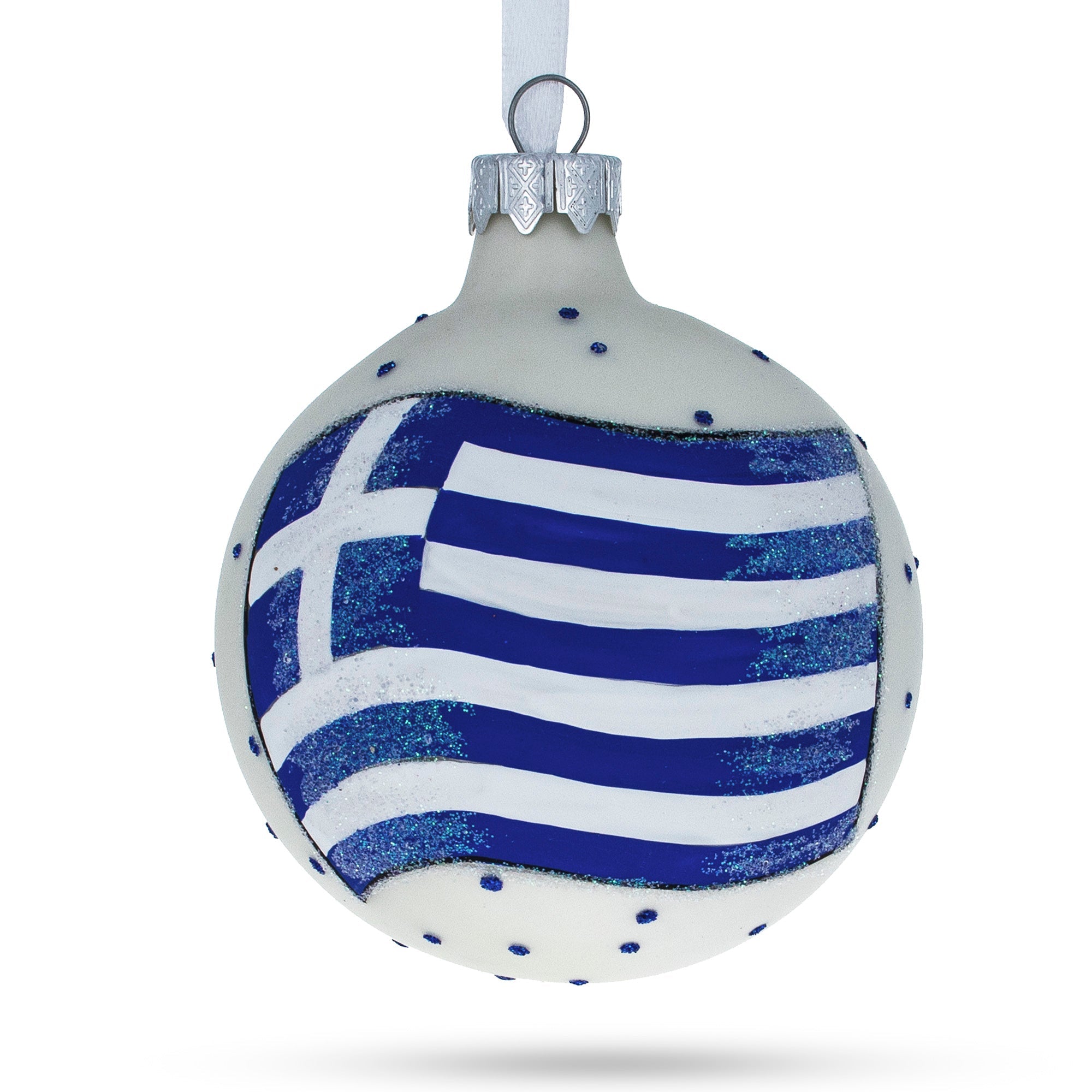 Flag Of Greece Blown Glass Ball Christmas Ornament 3.25 Inches