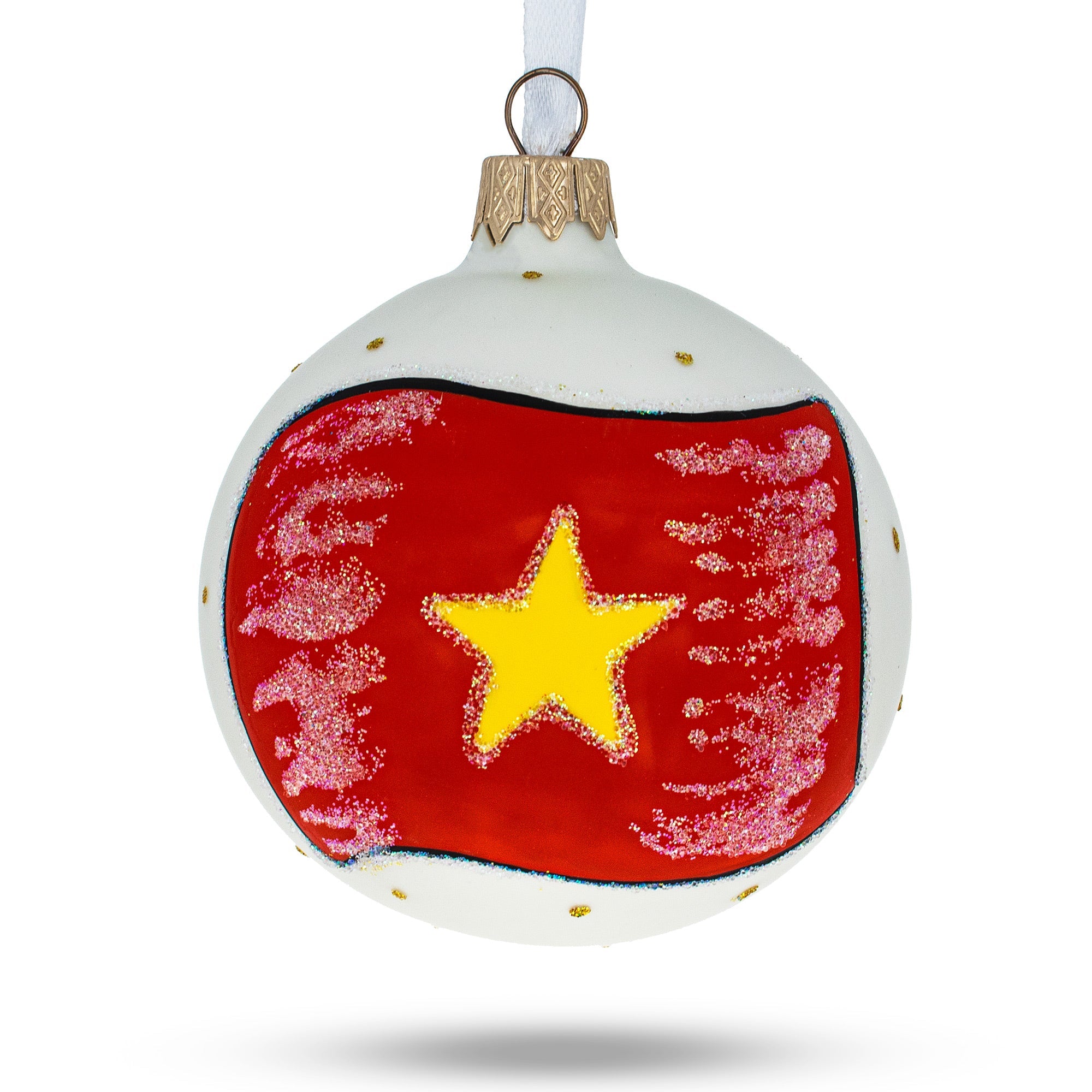 Flag Of Vietnam Blown Glass Ball Christmas Ornament 3.25 Inches