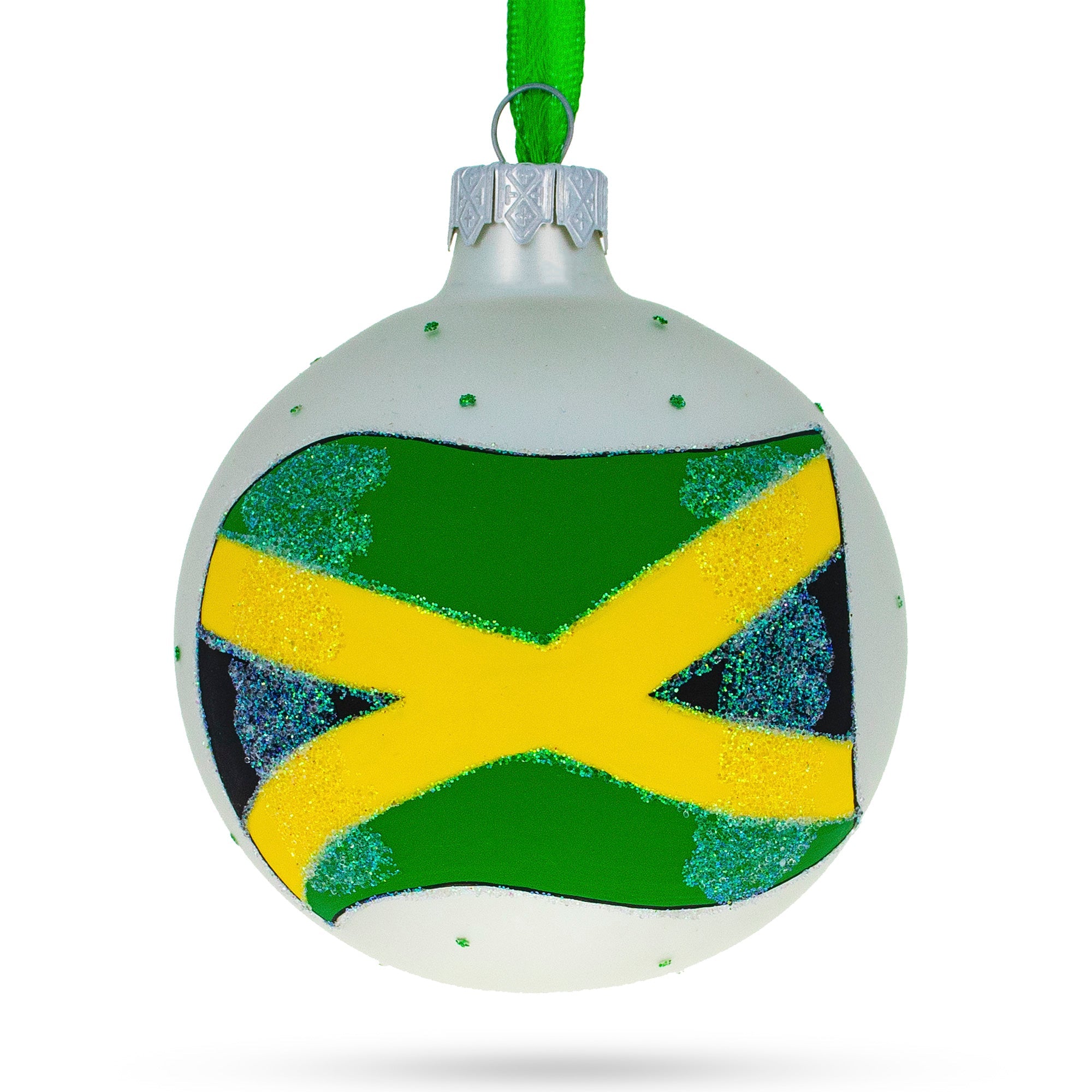 Flag Of Jamaica Blown Glass Ball Christmas Ornament 3.25 Inches