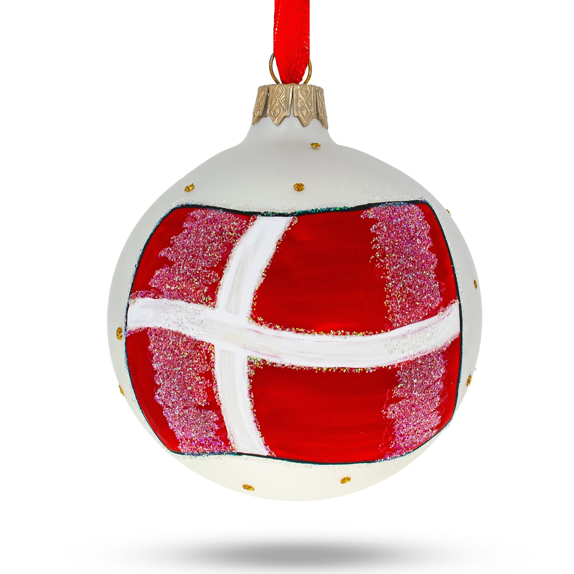 Flag Of Denmark Blown Glass Ball Christmas Ornament 3.25 Inches