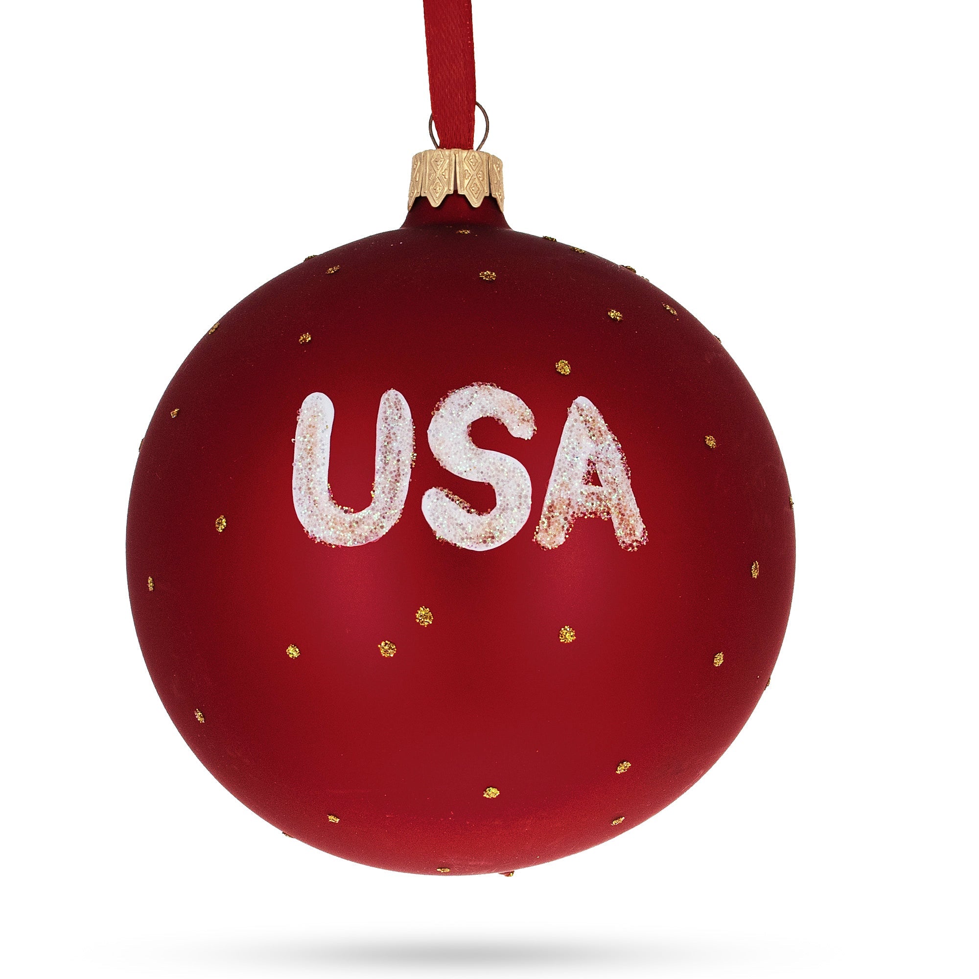 Flag Of United States Of America On Red Glass Ball Christmas Ornament 4 Inches