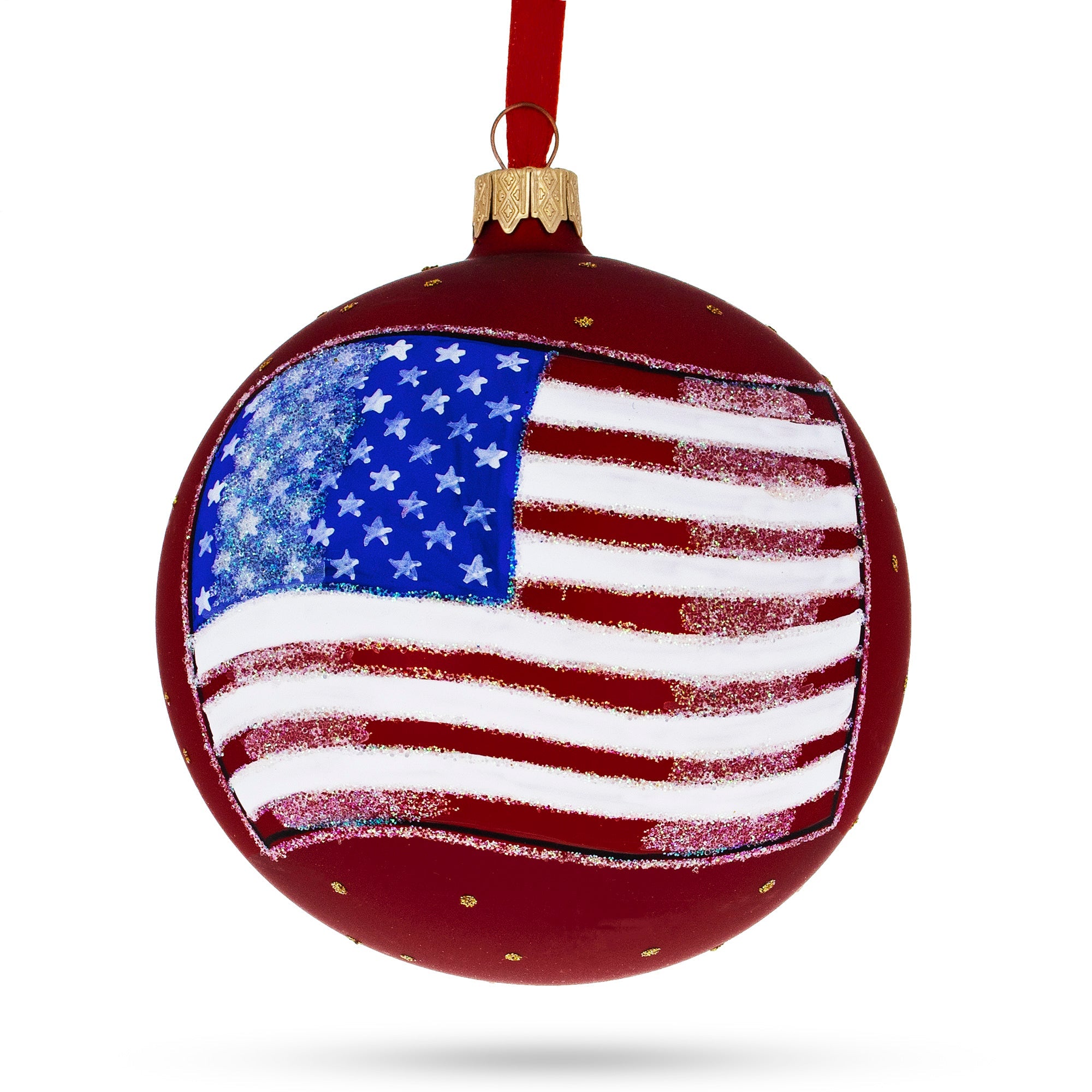 Flag Of United States Of America On Red Glass Ball Christmas Ornament 4 Inches