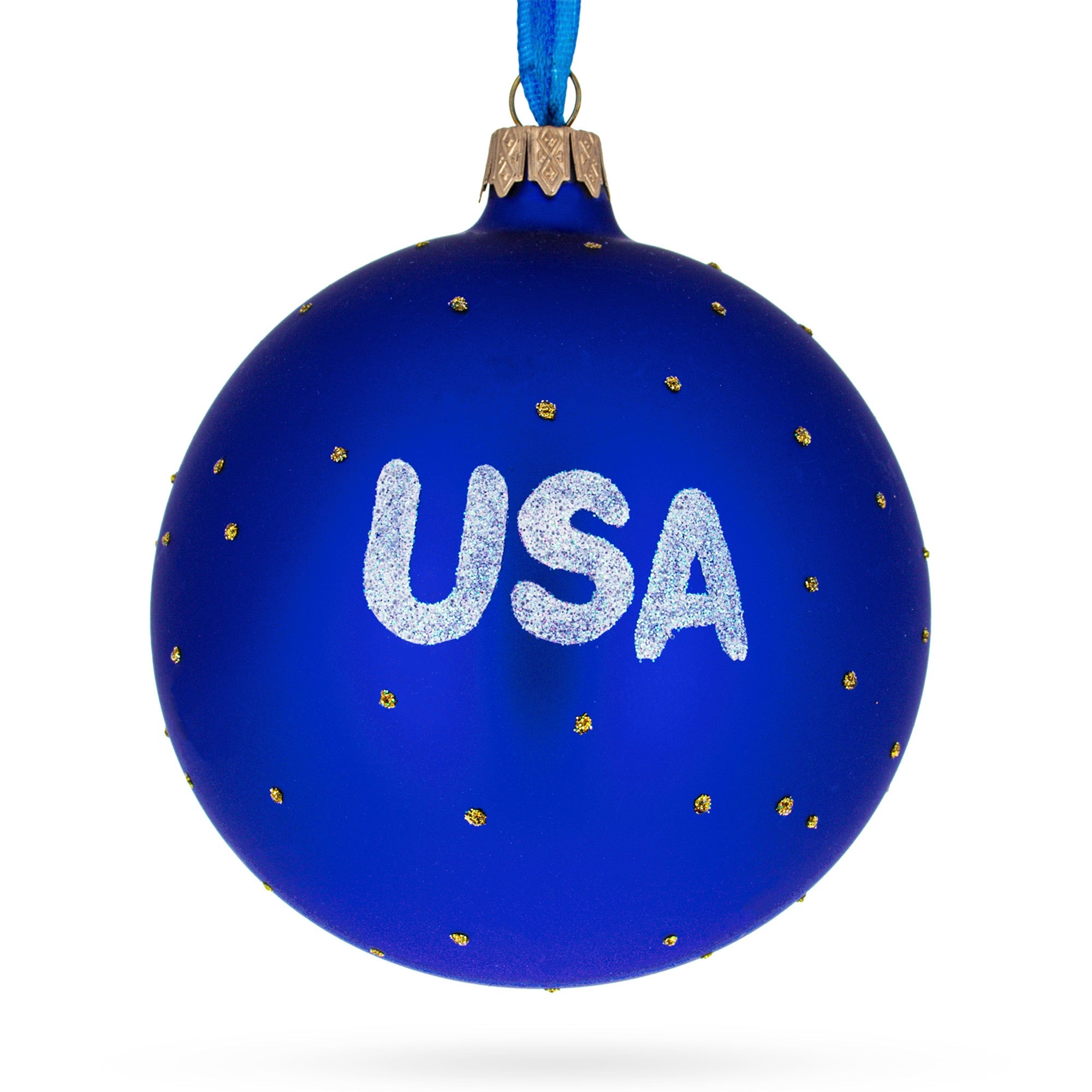 Flag Of United States Of America On Blue Glass Ball Christmas Ornament 4 Inches