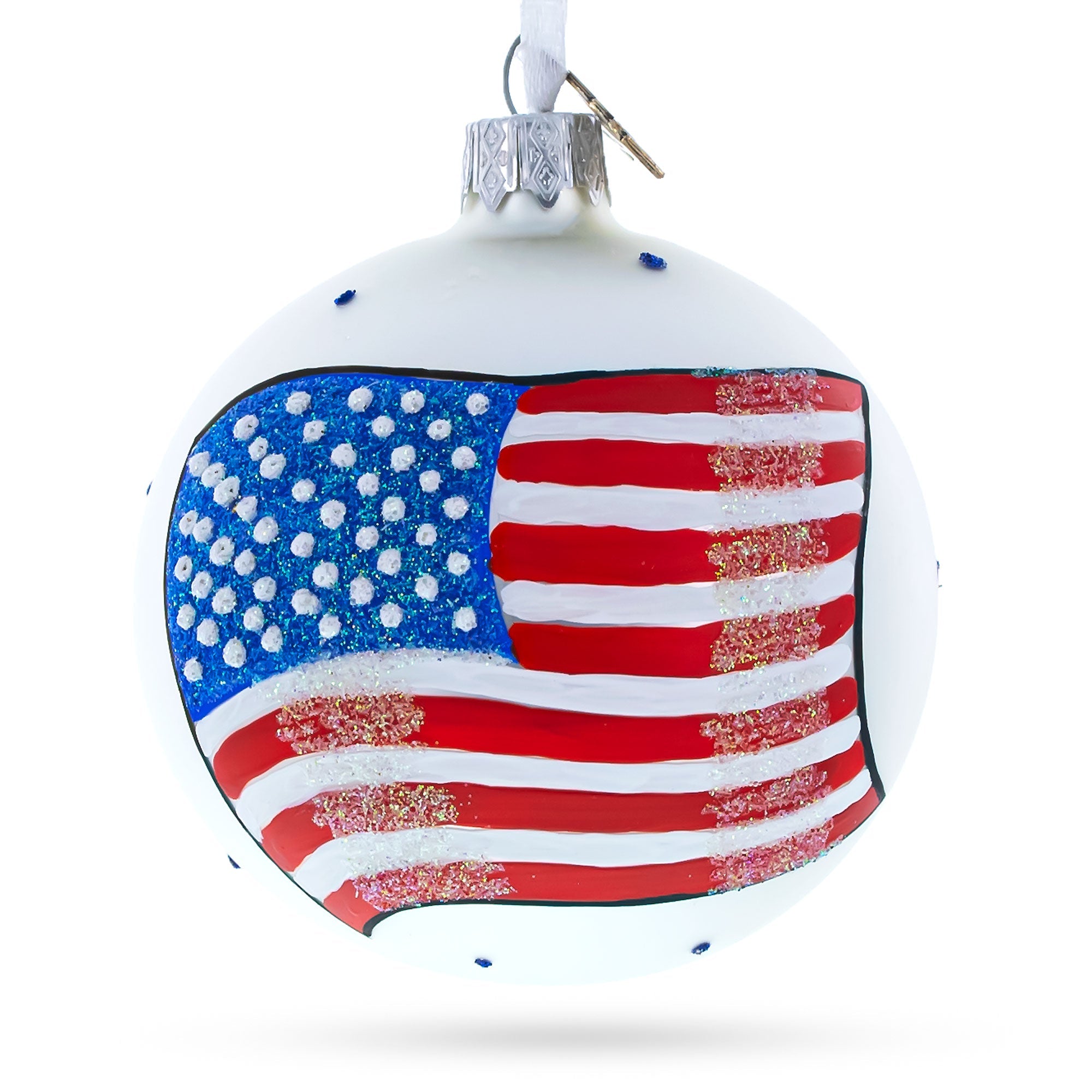 Flag Of United States Of America On White Glass Ball Christmas Ornament 3.25 Inches