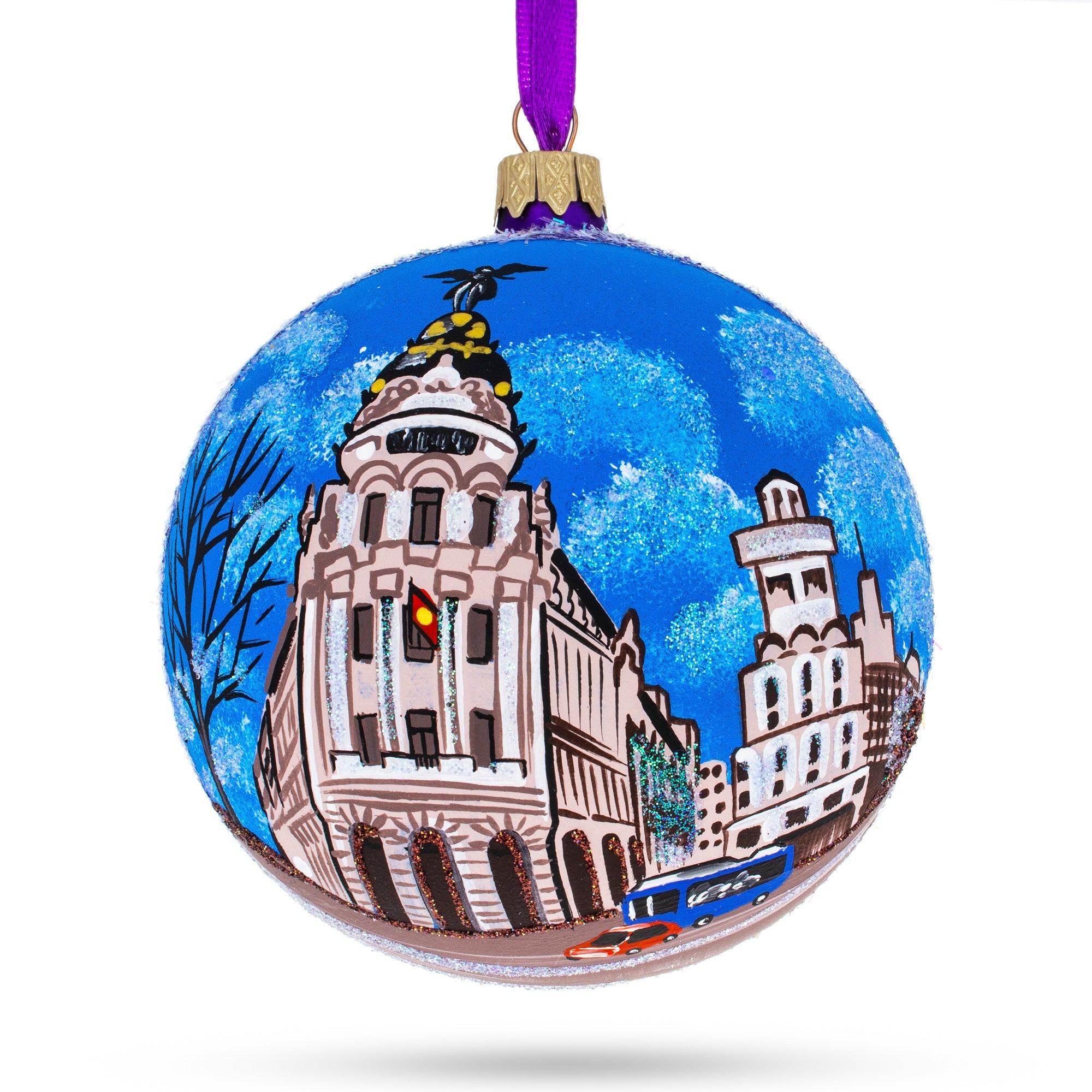 Gran Via, Madrid, Spain Glass Ball Christmas Ornament 4 Inches