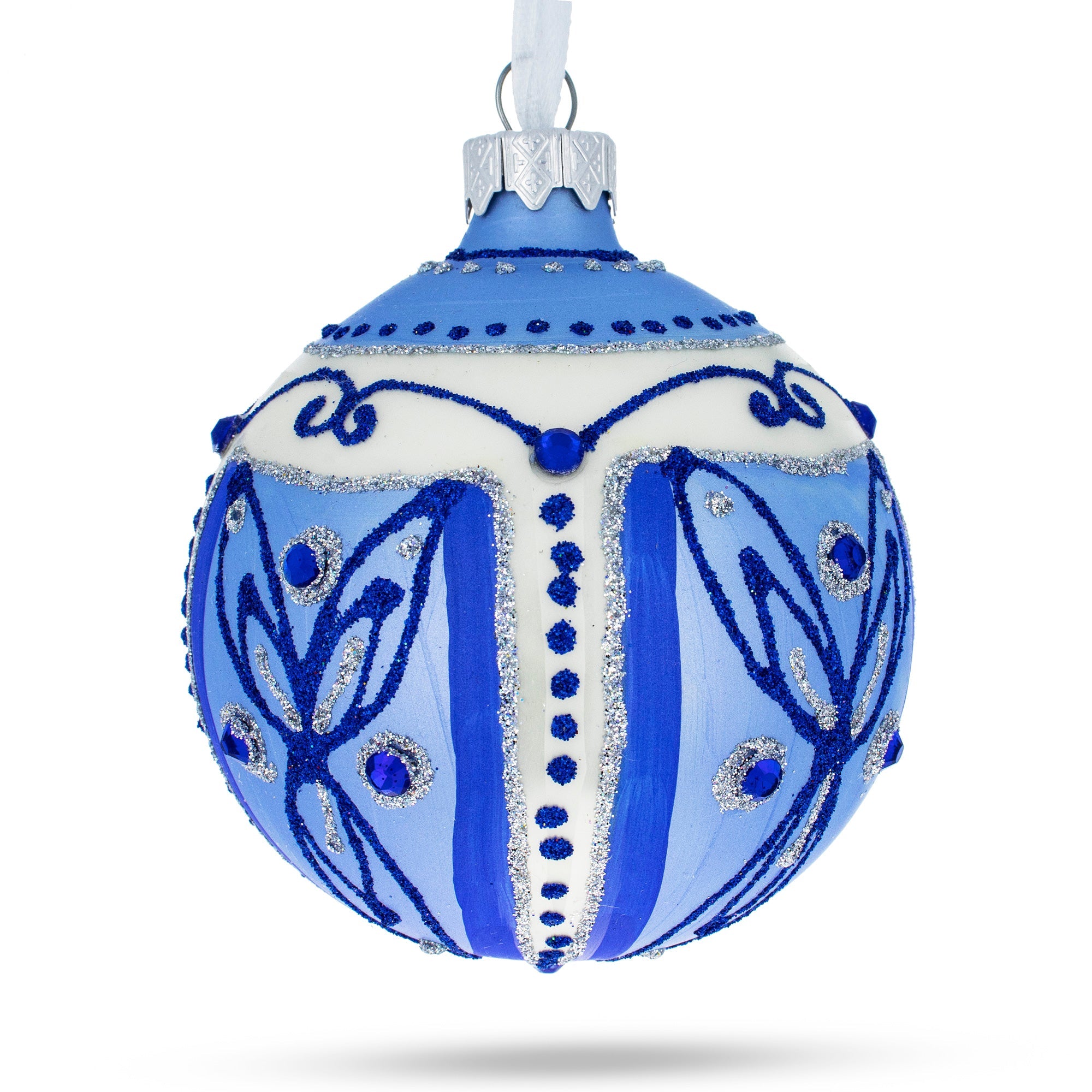 Enchanted Frost: Blue Leaves Blown Glass Ball Christmas Ornament 3.25 Inches