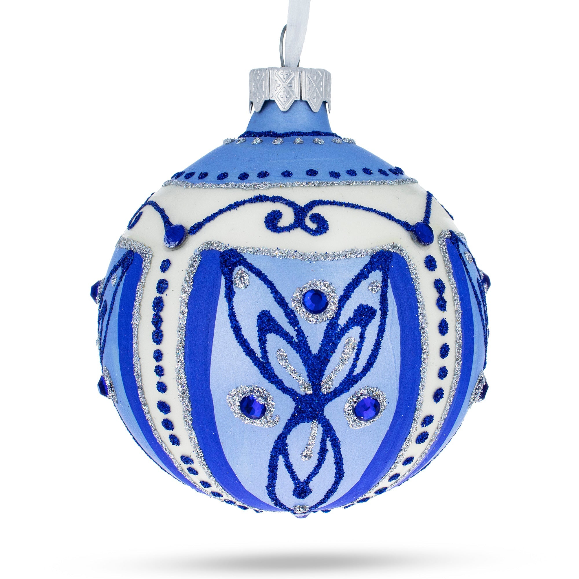 Enchanted Frost: Blue Leaves Blown Glass Ball Christmas Ornament 3.25 Inches