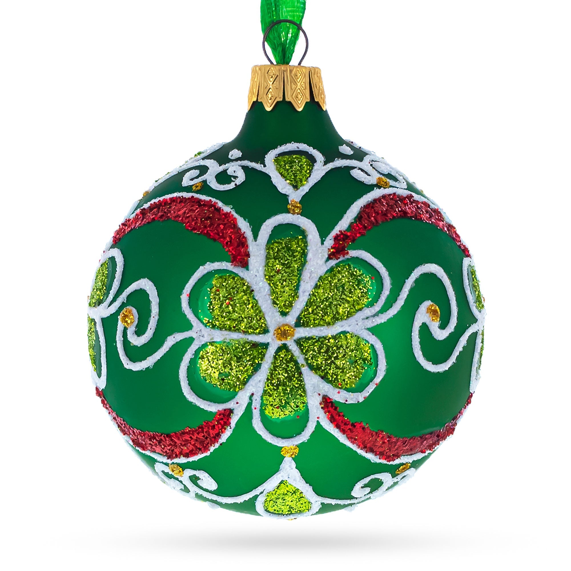 Emerald Blooms: Flowers On Green Blown Glass Ball Christmas Ornament 3.25 Inches