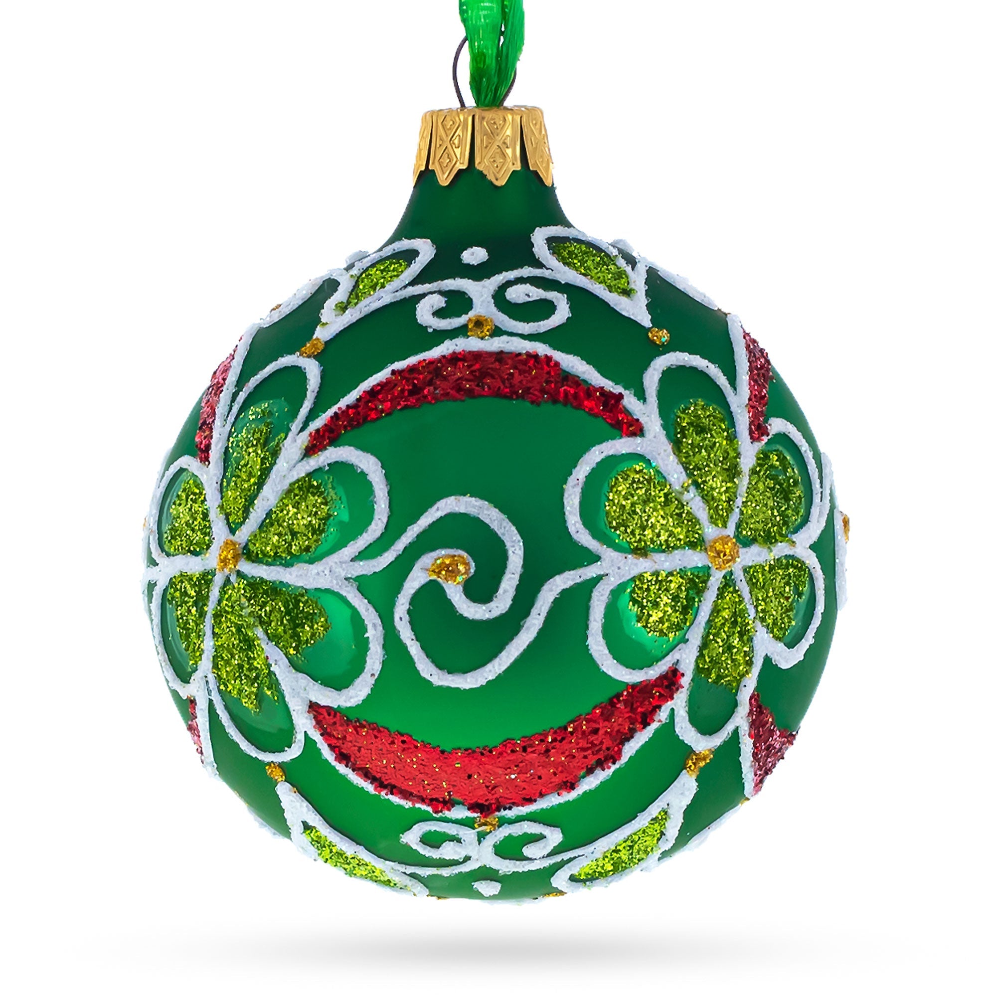 Emerald Blooms: Flowers On Green Blown Glass Ball Christmas Ornament 3.25 Inches