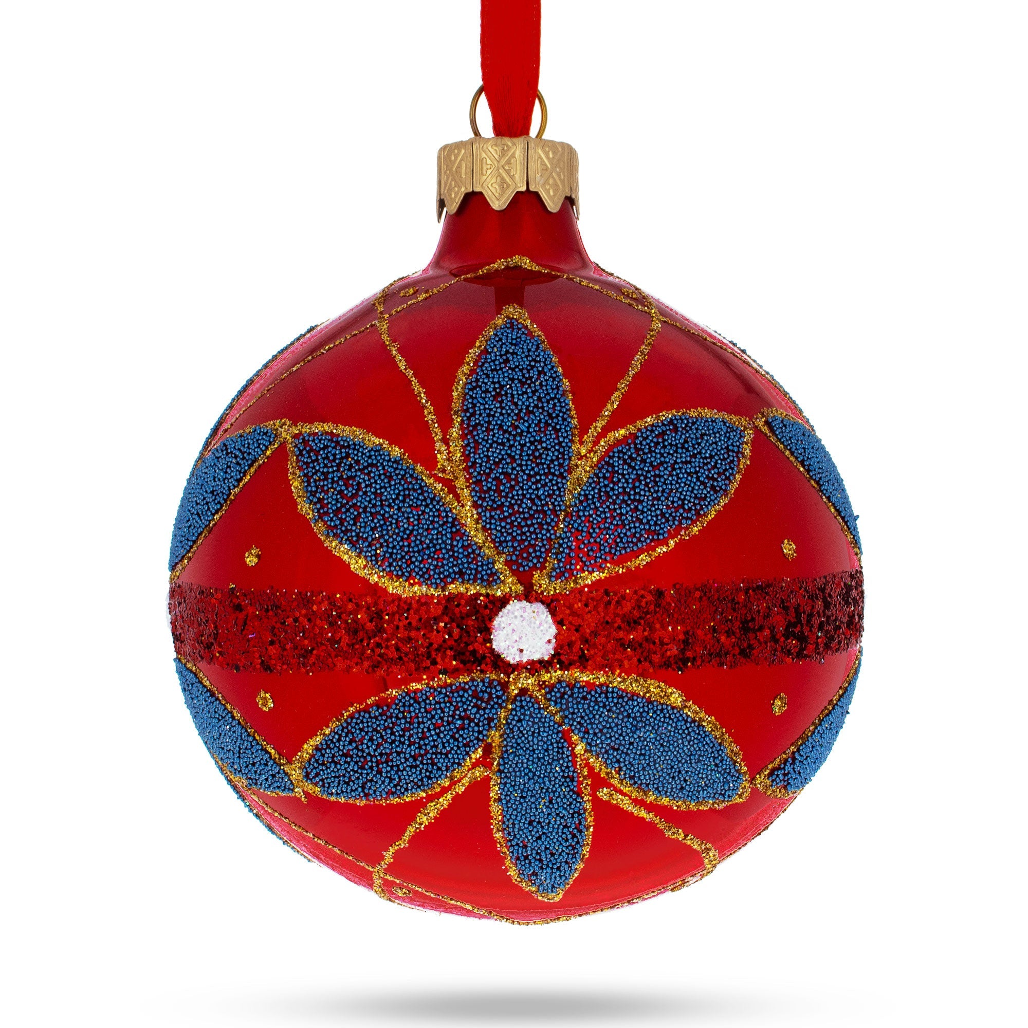 Ruby Rendezvous: Blue Flowers On Red Blown Glass Ball Christmas Ornament 3.25 Inches