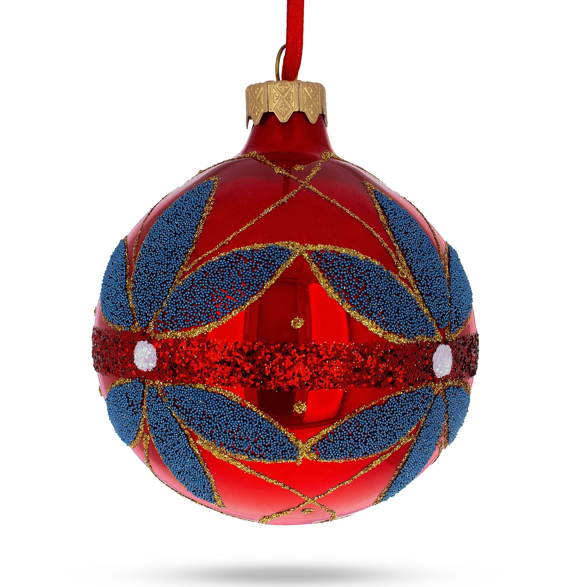 Ruby Rendezvous: Blue Flowers On Red Blown Glass Ball Christmas Ornament 3.25 Inches