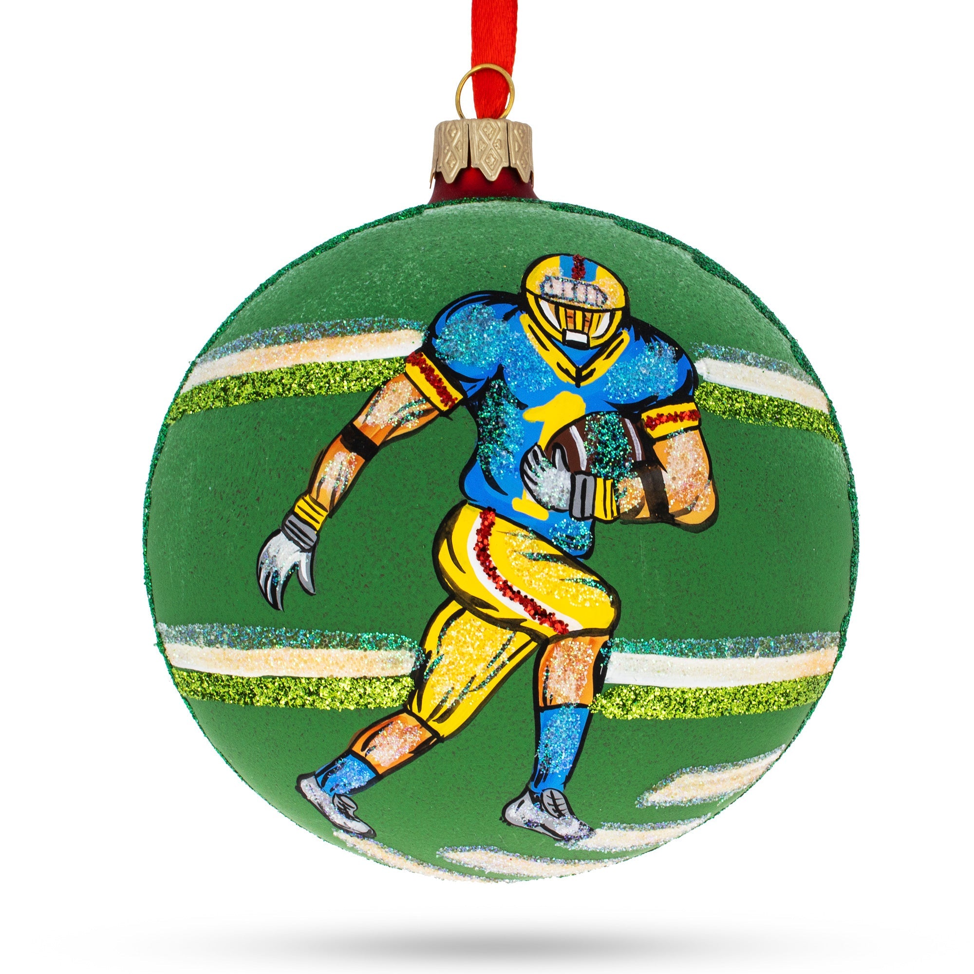 Gridiron Glory: Football Player Blown Glass Ball Christmas Sports Ornament 4 Inches