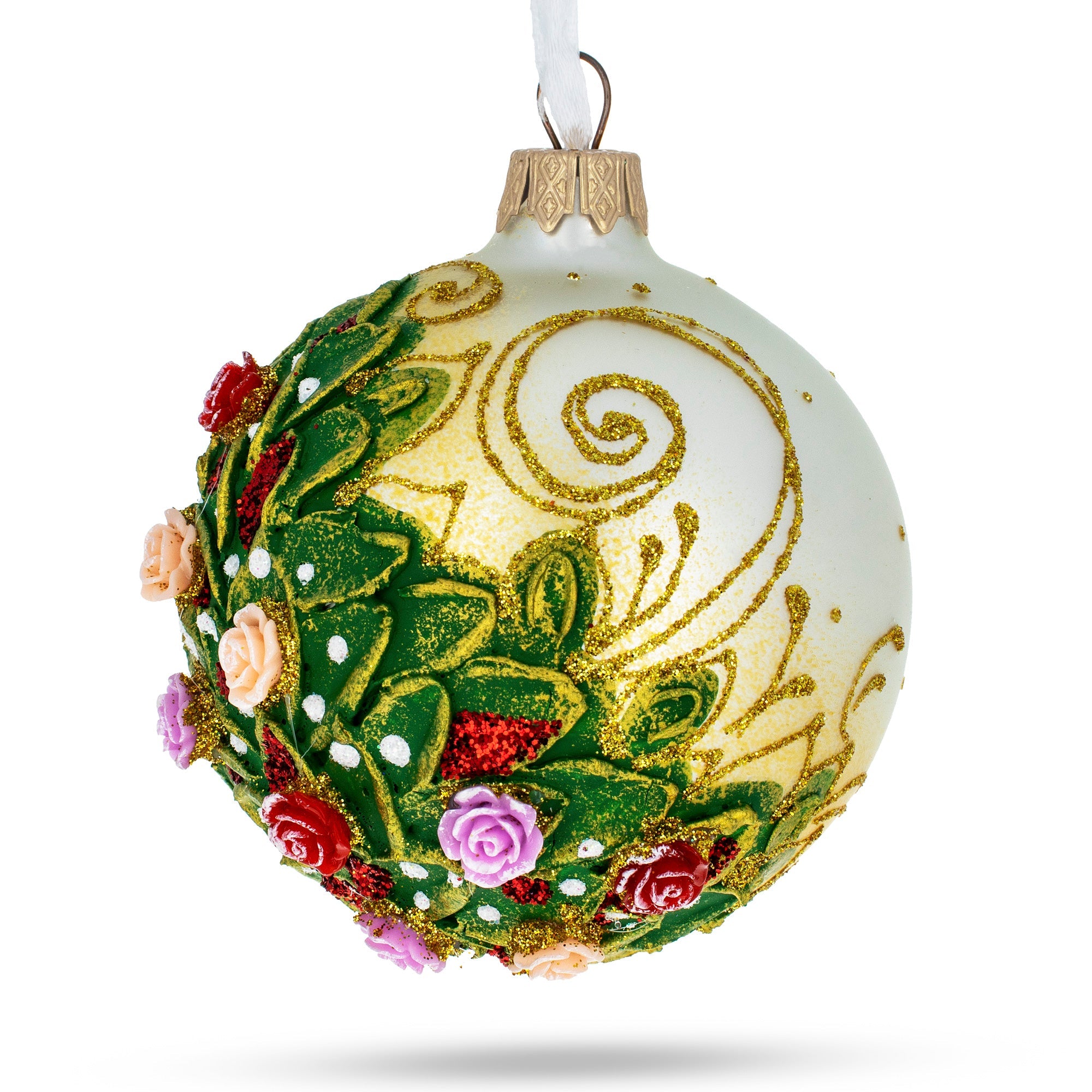 Elegant Embossed Roses Bouquet On Pristine White Blown Glass Ball Christmas Ornament 3.25 Inches