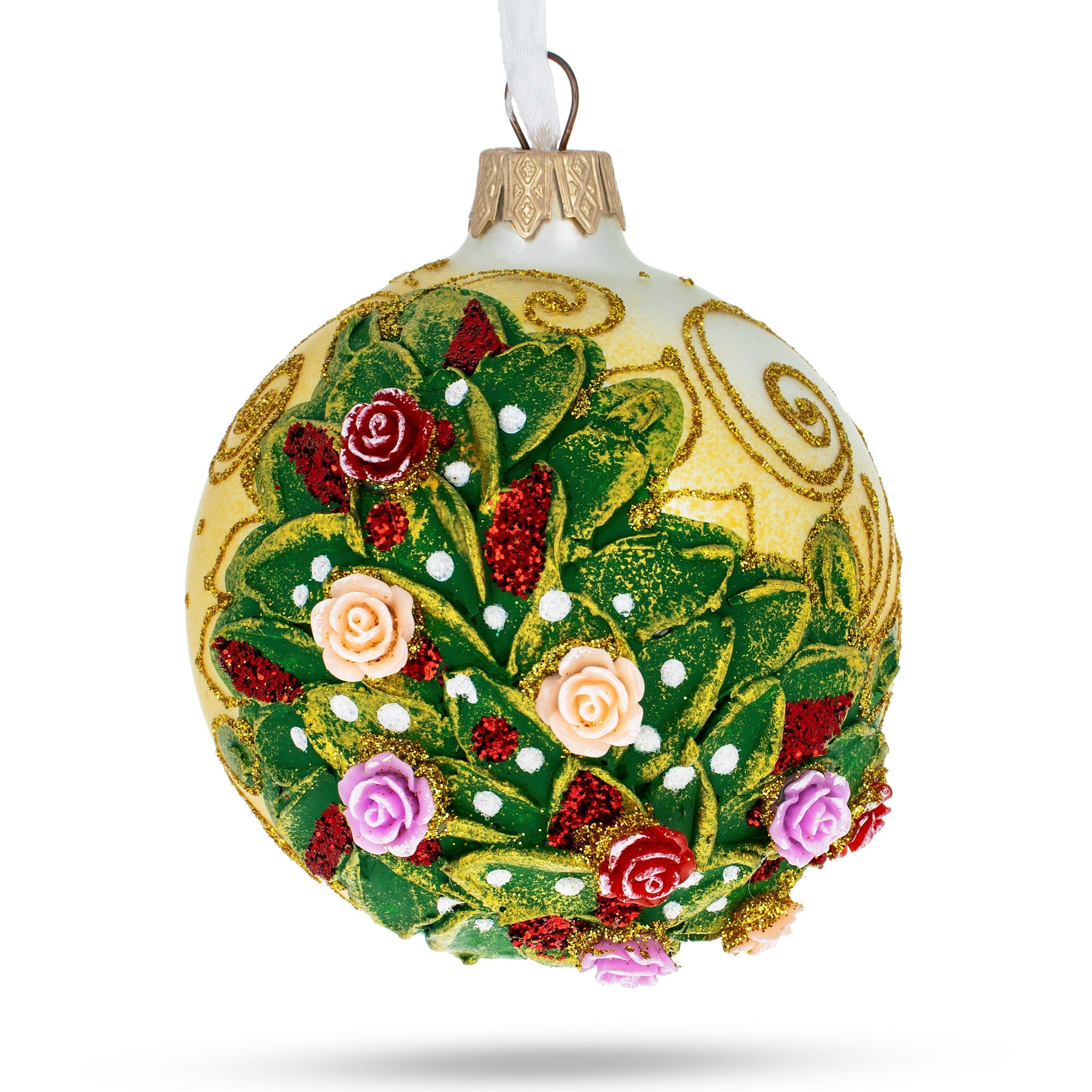 Elegant Embossed Roses Bouquet On Pristine White Blown Glass Ball Christmas Ornament 3.25 Inches