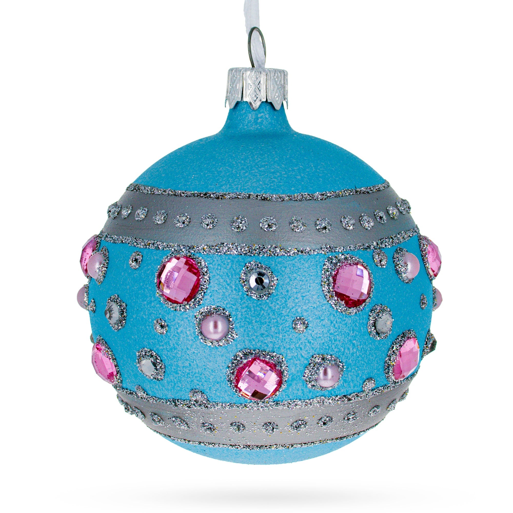 Opulent Elegance: Sapphires And Diamonds Art Nouveau Design Blown Glass Ball Christmas Ornament 3.25 Inches