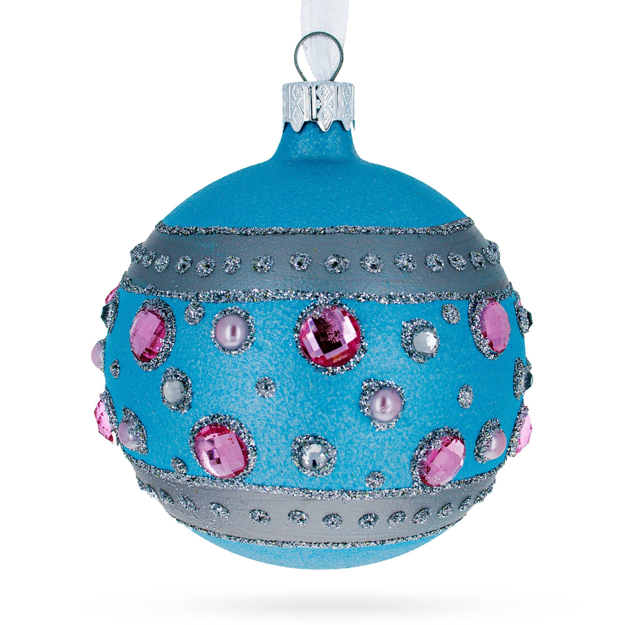 Opulent Elegance: Sapphires And Diamonds Art Nouveau Design Blown Glass Ball Christmas Ornament 3.25 Inches