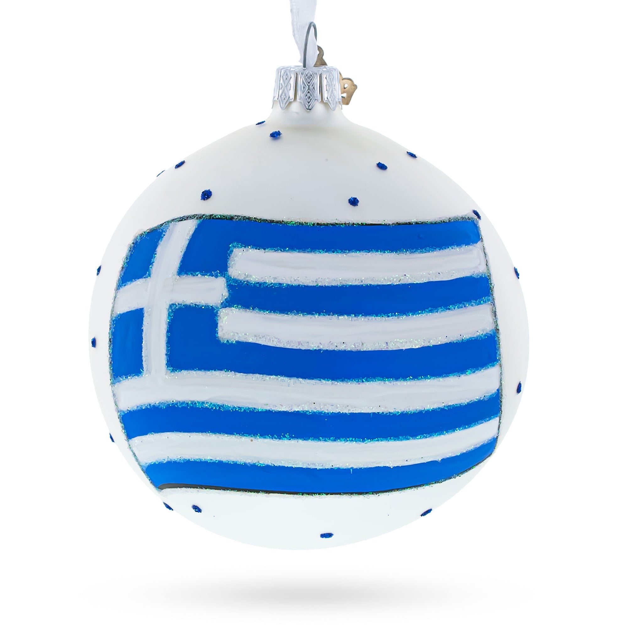 Flag Of Greece Blown Glass Ball Christmas Ornament 4 Inches