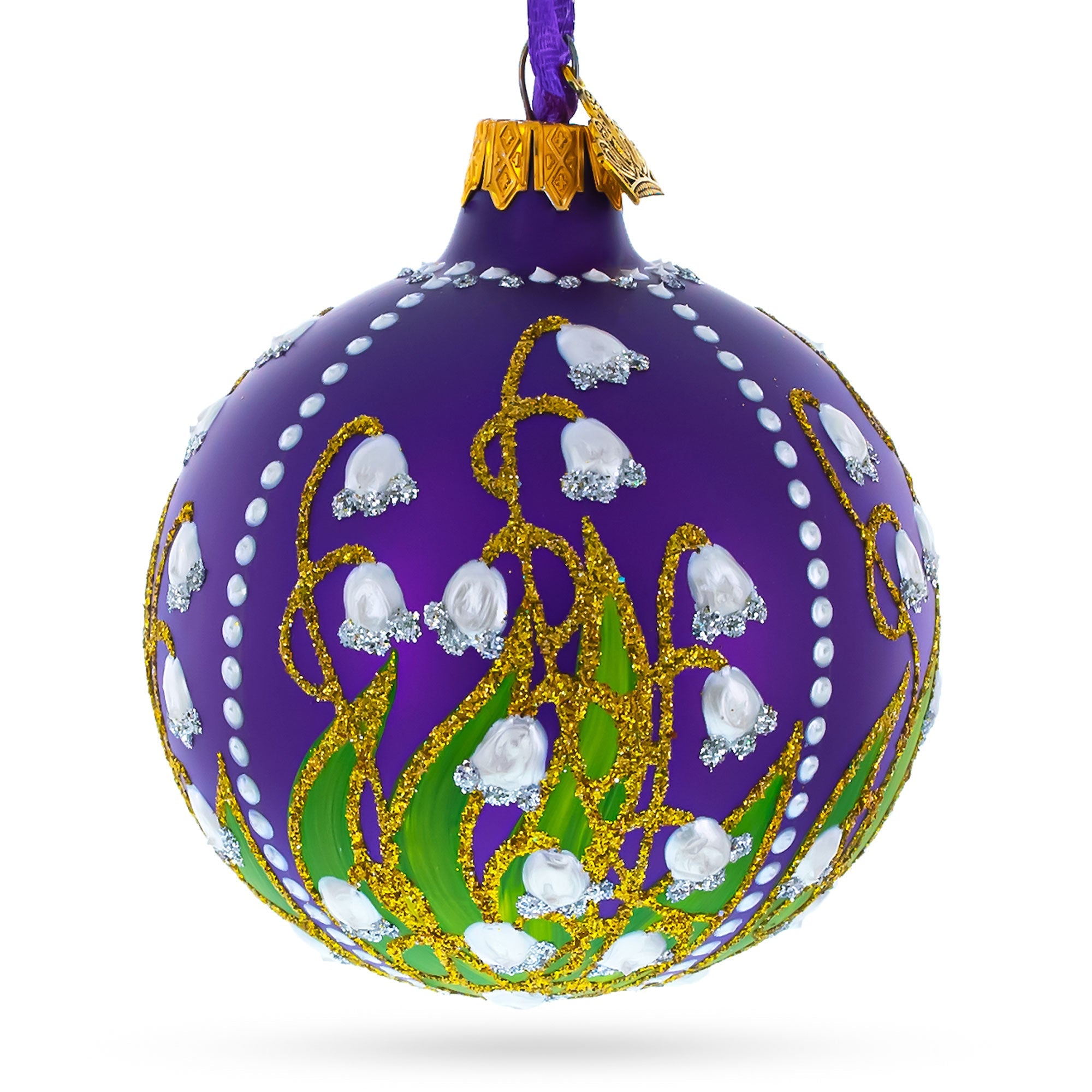 Graceful Bloom: Lilies Of The Valley On Purple Royal Blown Glass Ball Christmas Ornament 3.25 Inches