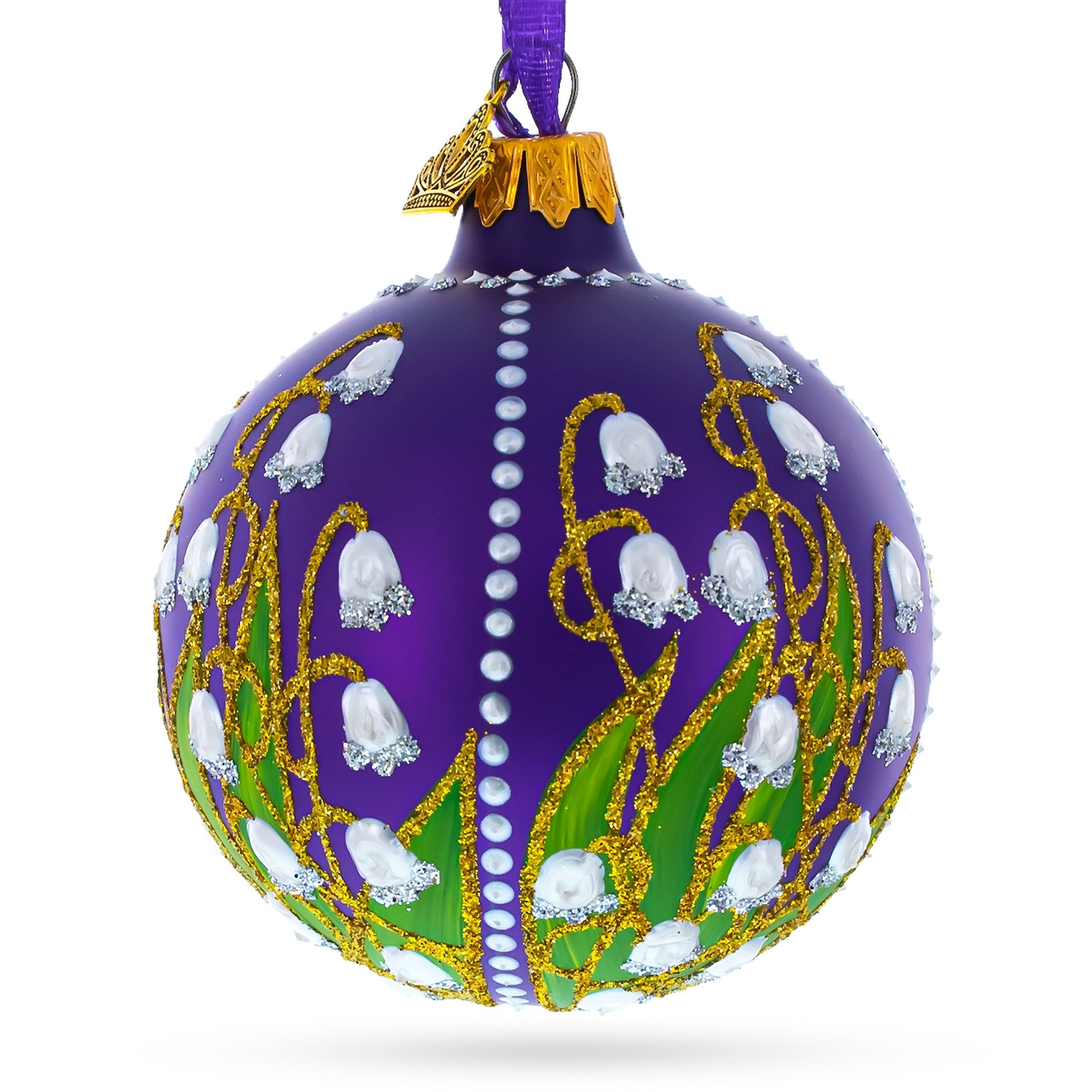 Graceful Bloom: Lilies Of The Valley On Purple Royal Blown Glass Ball Christmas Ornament 3.25 Inches