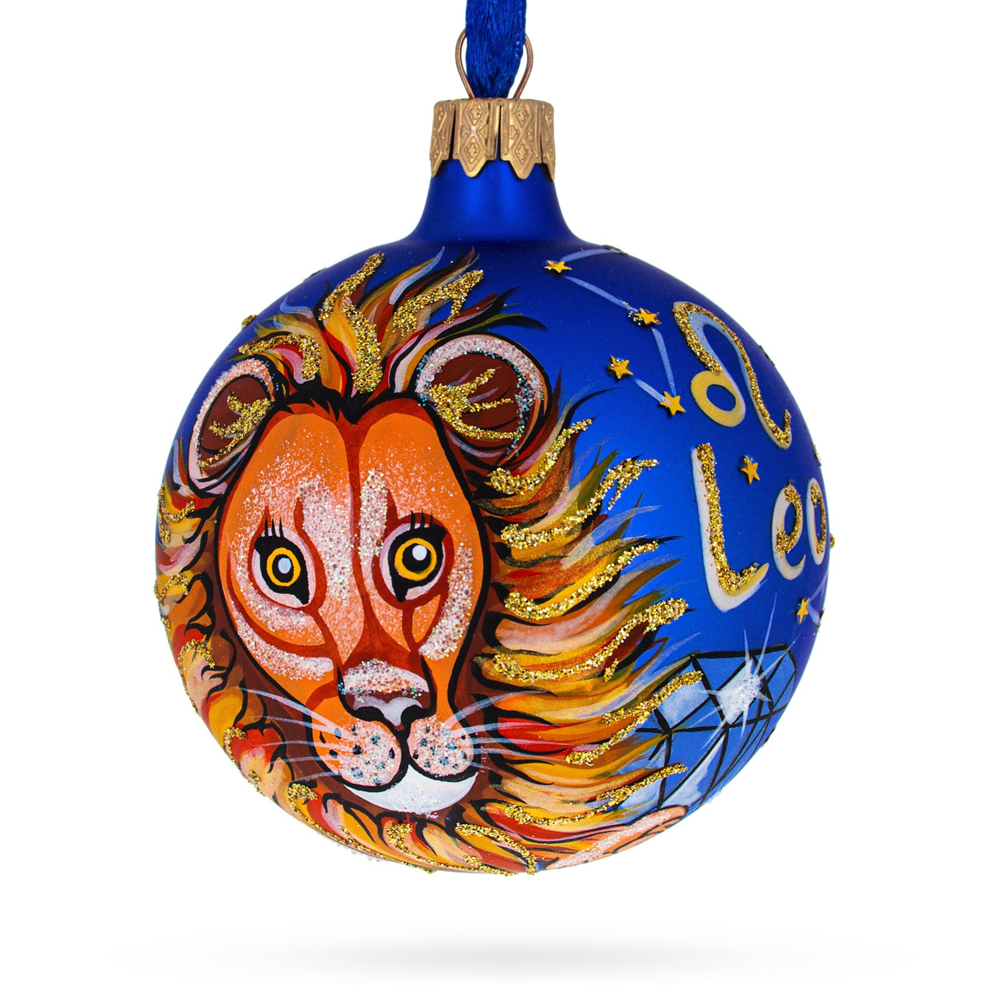 Starry Skyline: Leo Zodiac Sign Blue Blown Glass Ball Christmas Ornament 3.25 Inches