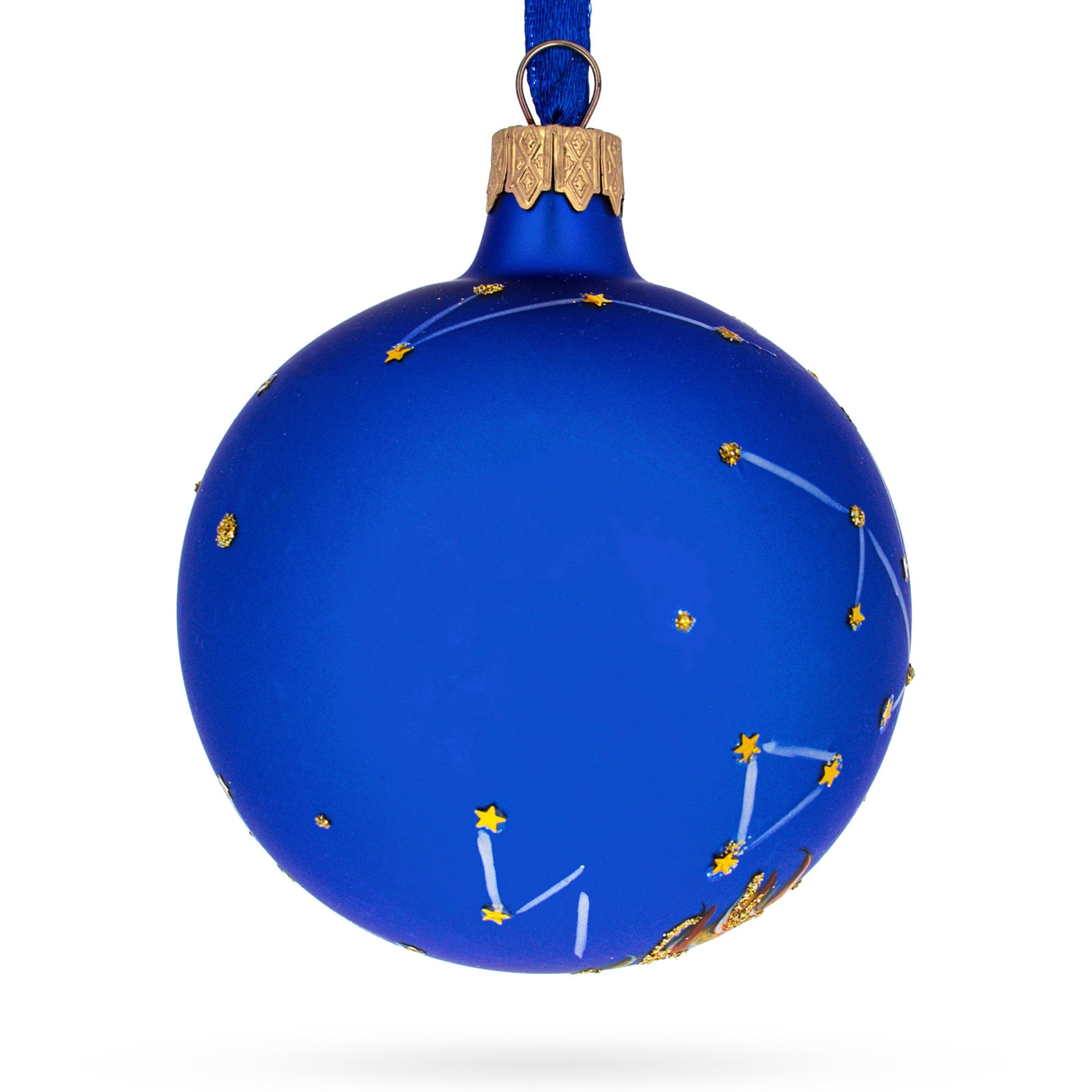 Starry Skyline: Leo Zodiac Sign Blue Blown Glass Ball Christmas Ornament 3.25 Inches