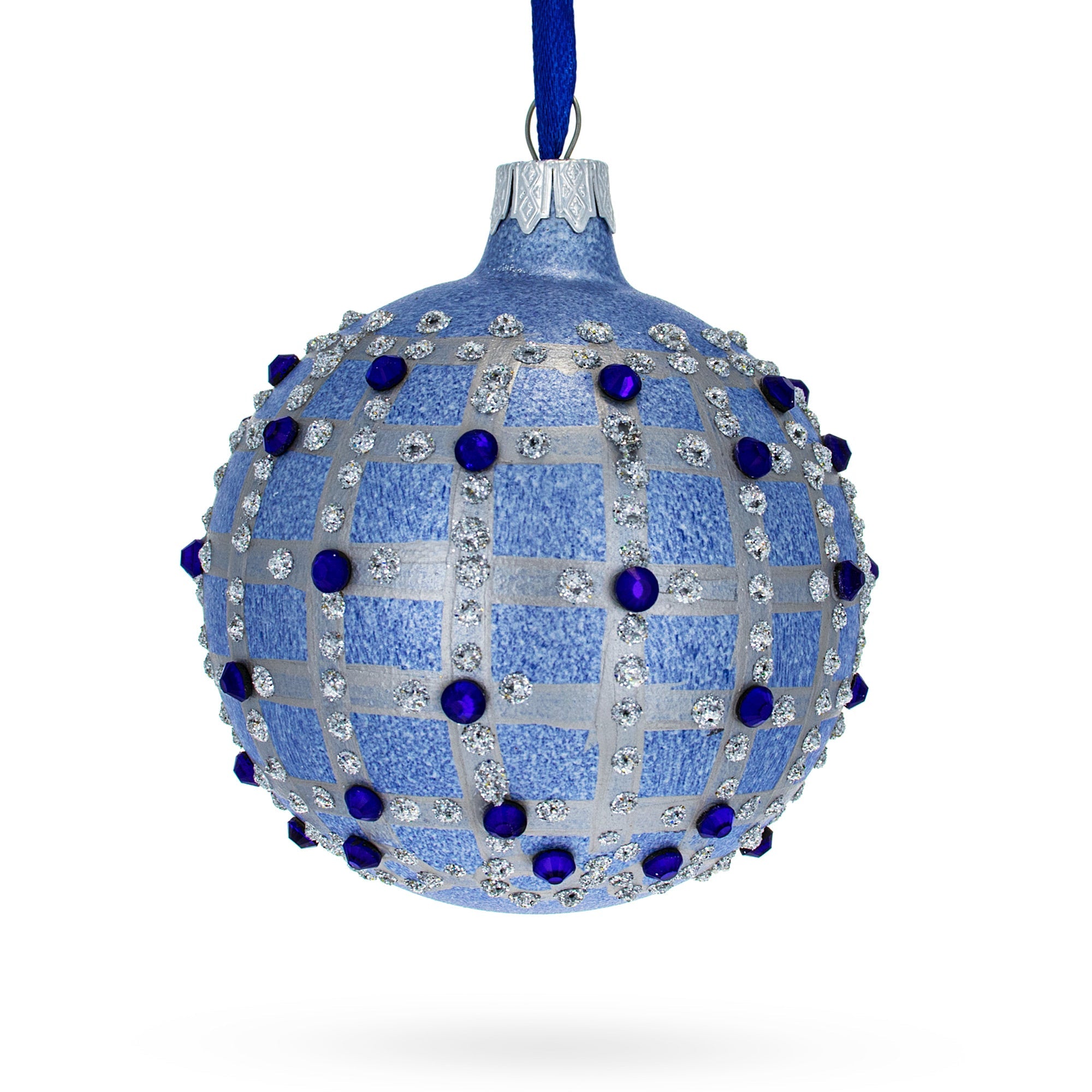 Parisian Elegance: Blue Jewels And Check Pattern Necklace Design Glass Ball Christmas Ornament 3.25 Inches