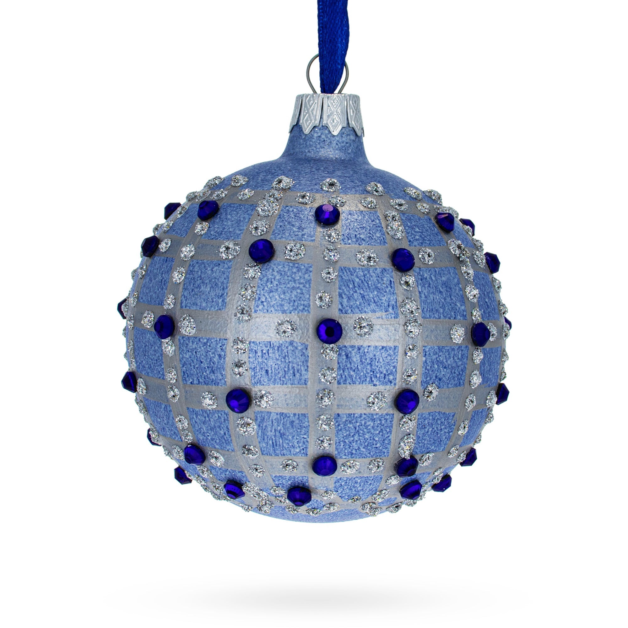 Parisian Elegance: Blue Jewels And Check Pattern Necklace Design Glass Ball Christmas Ornament 3.25 Inches