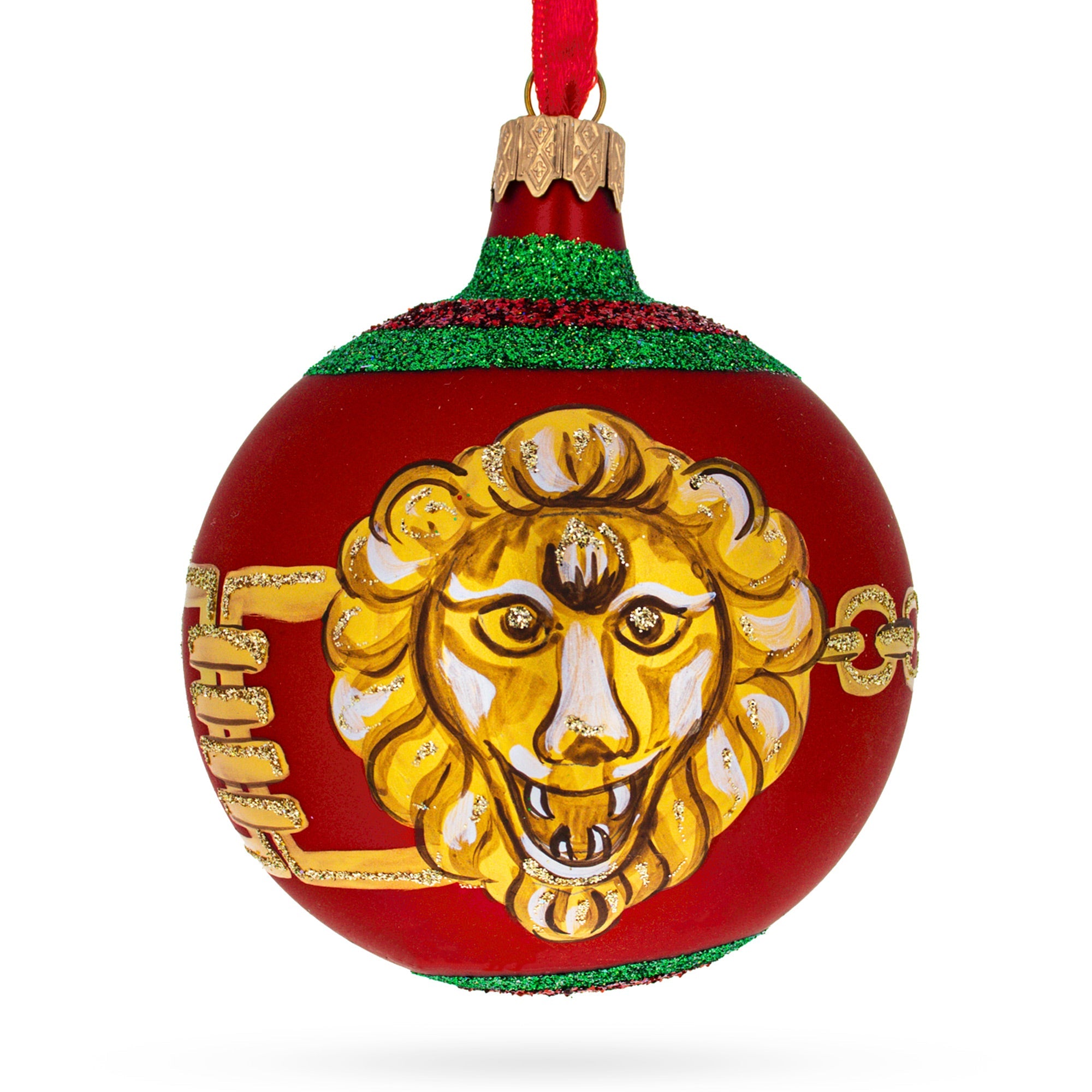 Lorentine Majesty: Lion-head Design Glass Ball Christmas Ornament By Florence Designer 3.25 Inches