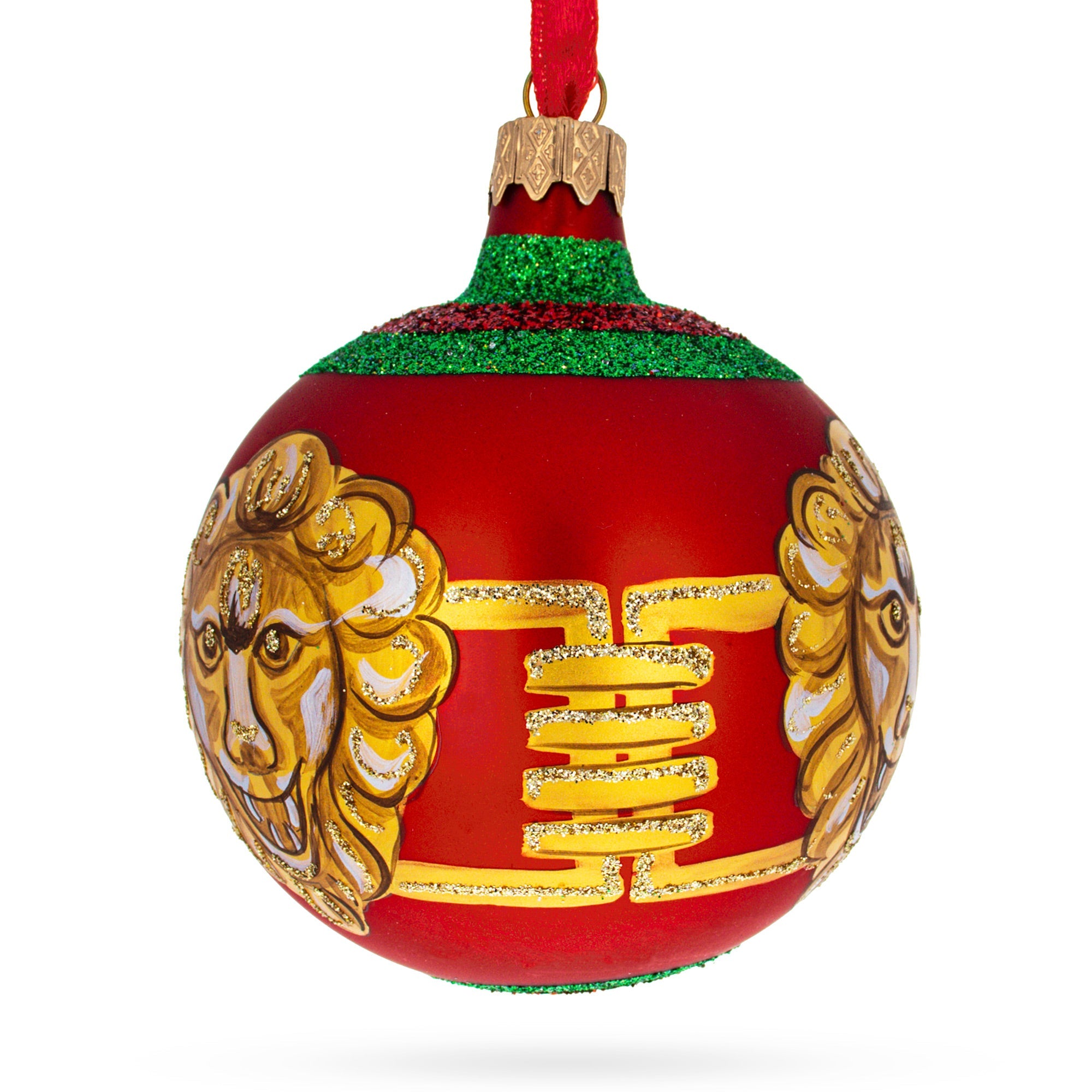 Lorentine Majesty: Lion-head Design Glass Ball Christmas Ornament By Florence Designer 3.25 Inches