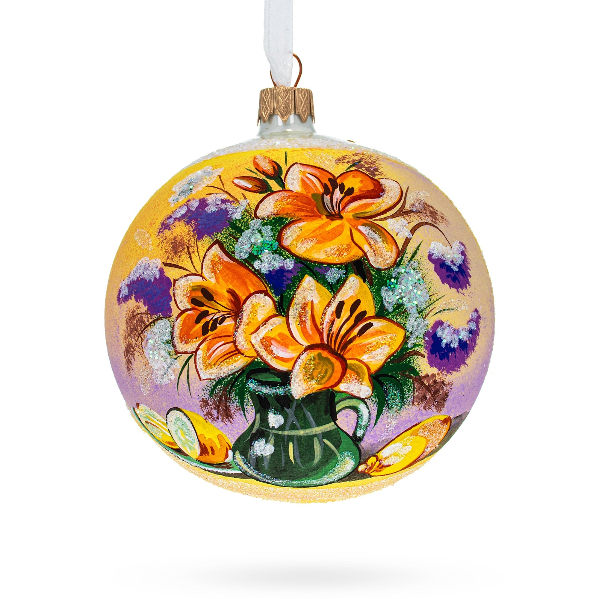 Floral Vase Masterpiece Blown Glass Ball Christmas Ornament 4 Inches