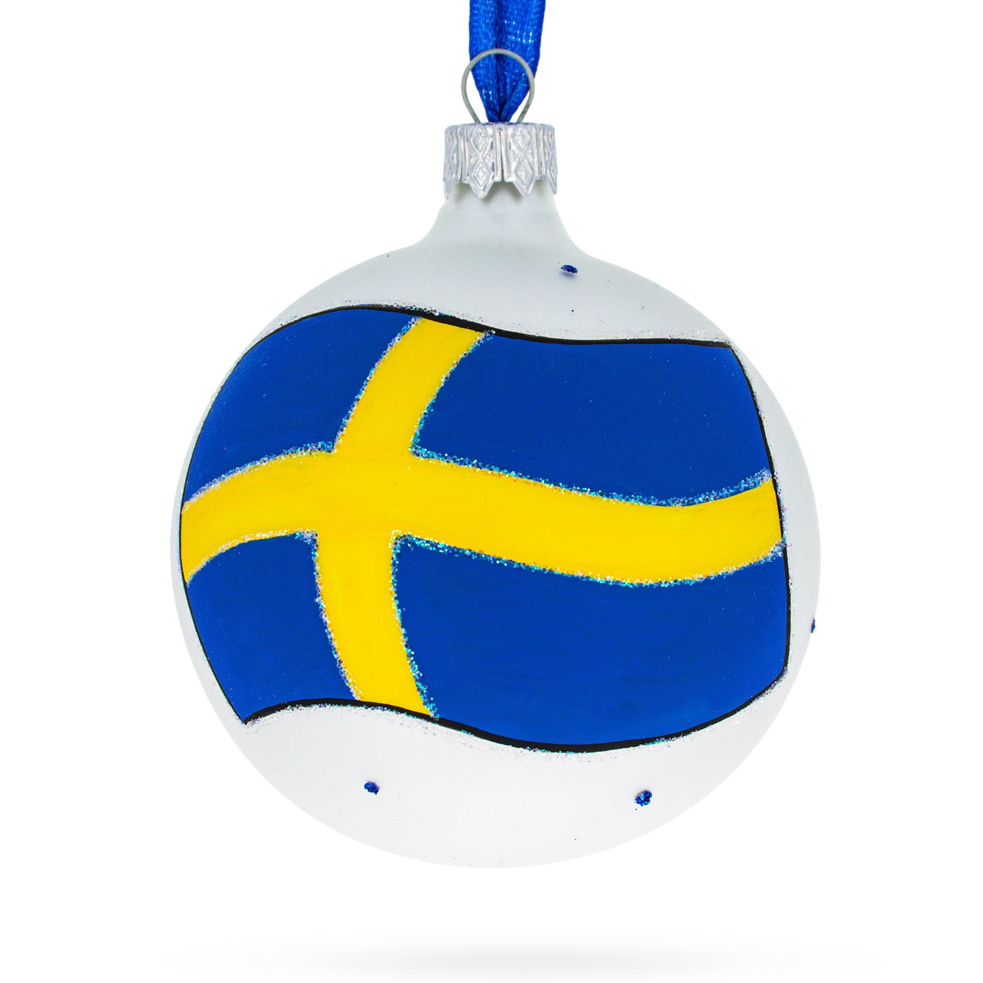 Flag Of Sweden Blown Glass Ball Christmas Ornament 3.25 Inches