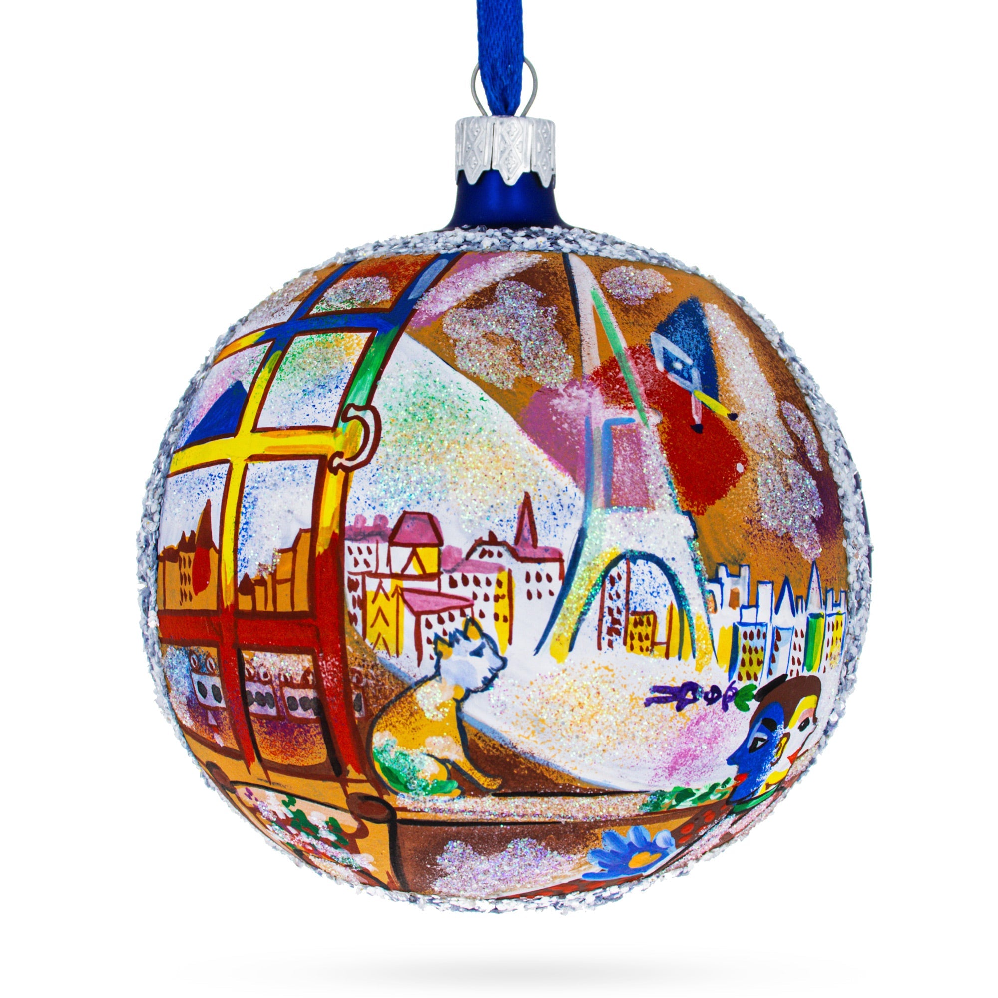 1913 'paris Through The Window' By Marc Chagall Artistic Blown Glass Ball Christmas Ornament 4 Inches