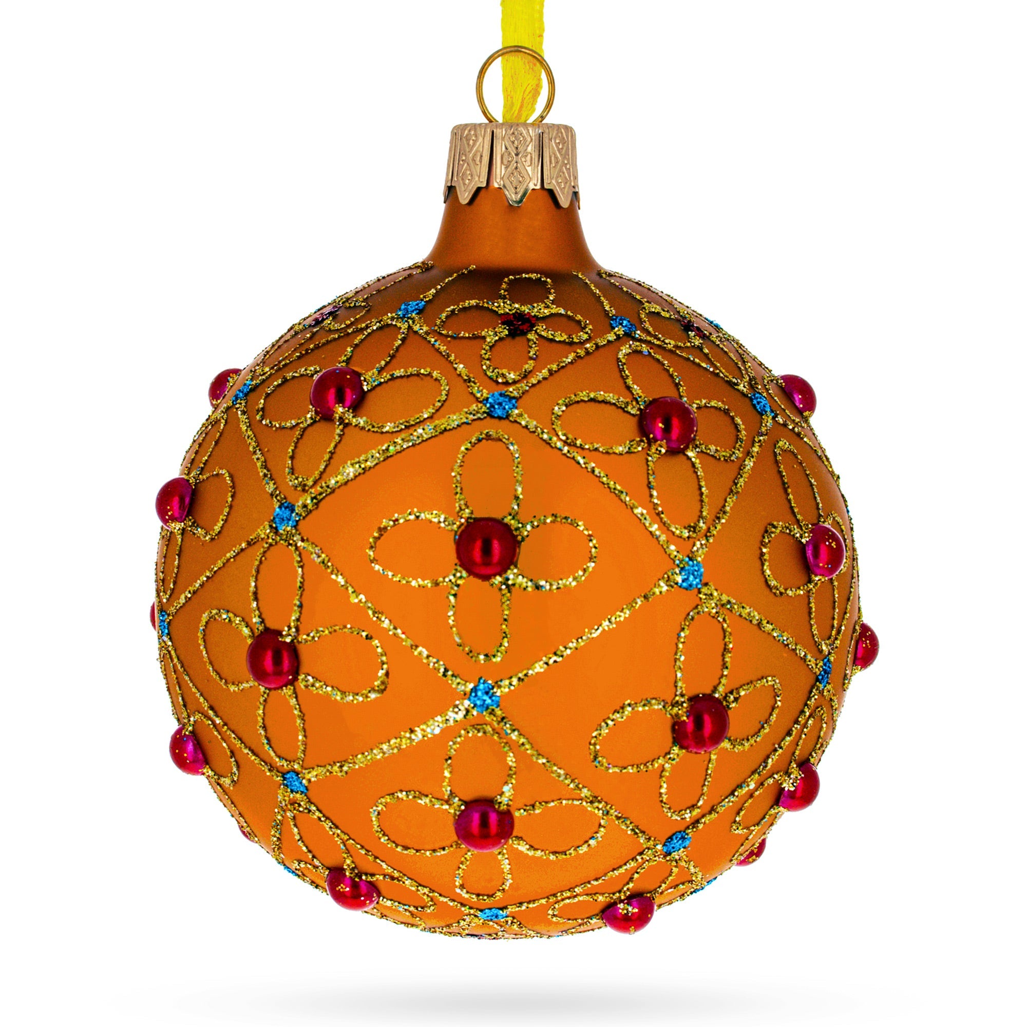 Luxurious Design: Jeweled Crosses On Gold Blown Glass Ball Christmas Ornament 3.25 Inches