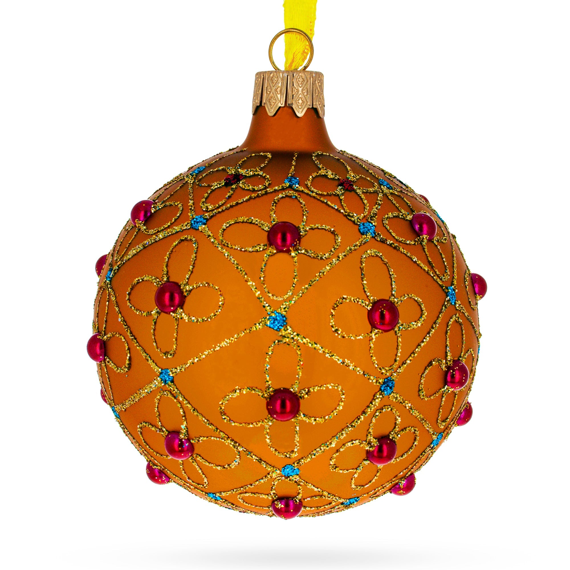 Luxurious Design: Jeweled Crosses On Gold Blown Glass Ball Christmas Ornament 3.25 Inches