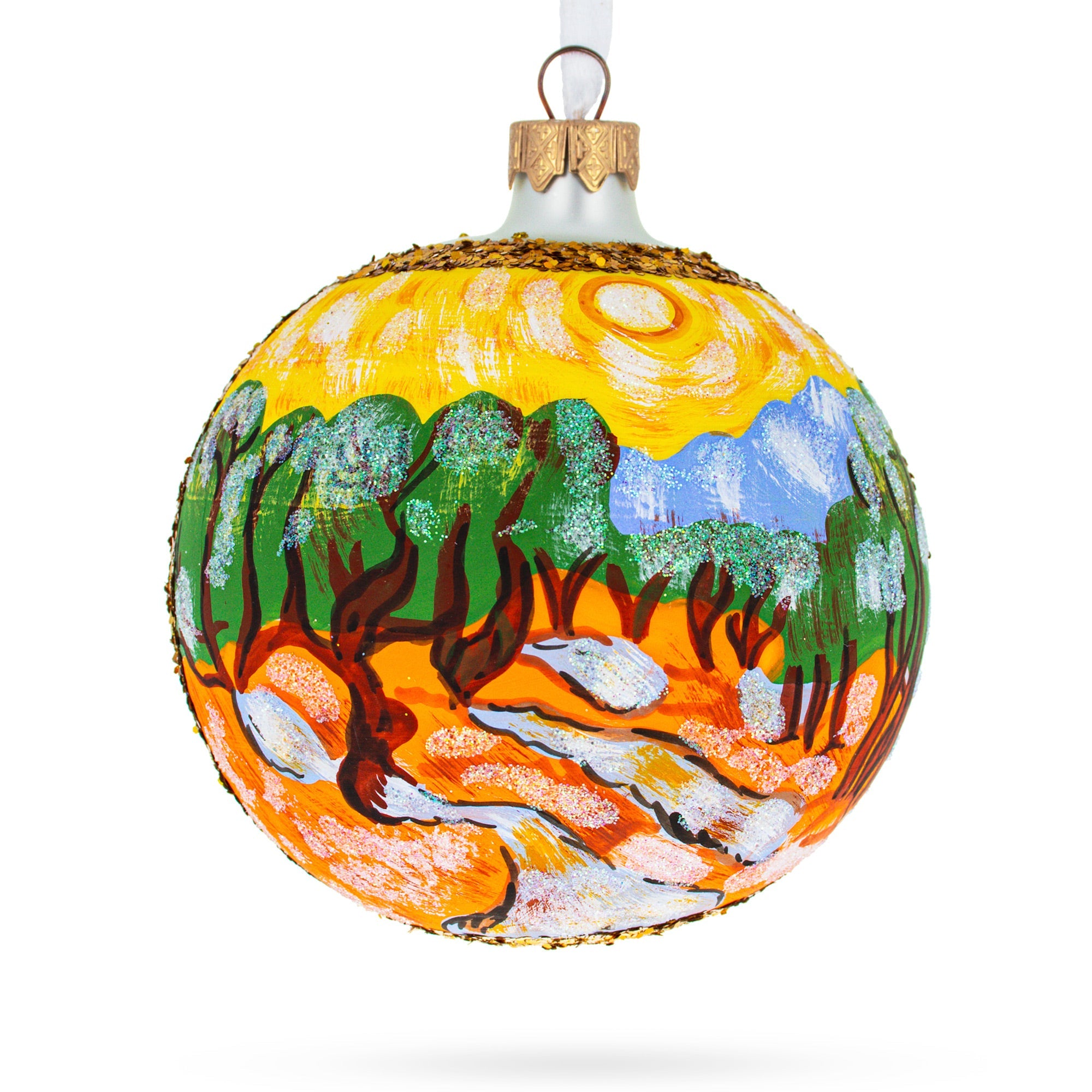 1889 'olive Trees With Yellow Sky And Sun' By Vincent Van Gogh Blown Glass Ball Christmas Ornament 4 Inches