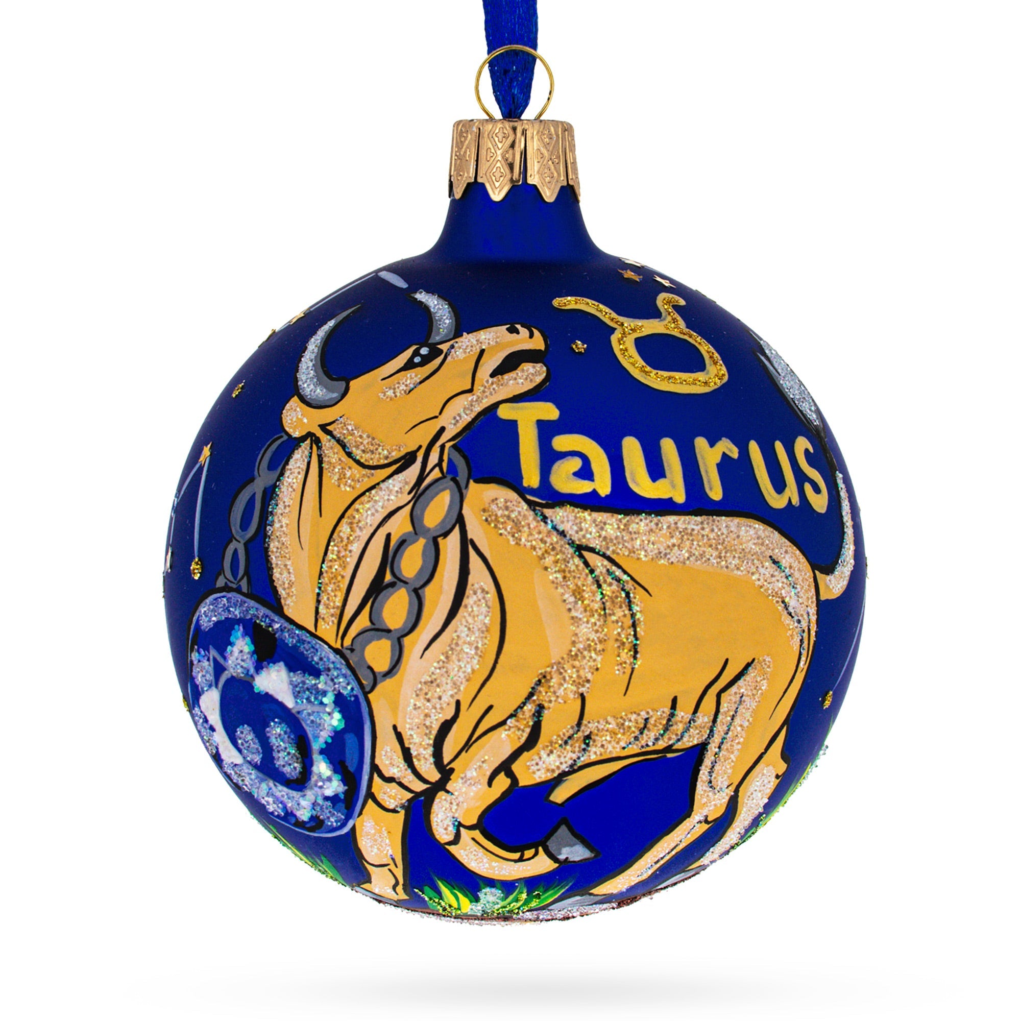 Starry Night Taurus: Zodiac Horoscope Sign Blown Glass Ball Christmas Ornament 3.25 Inches