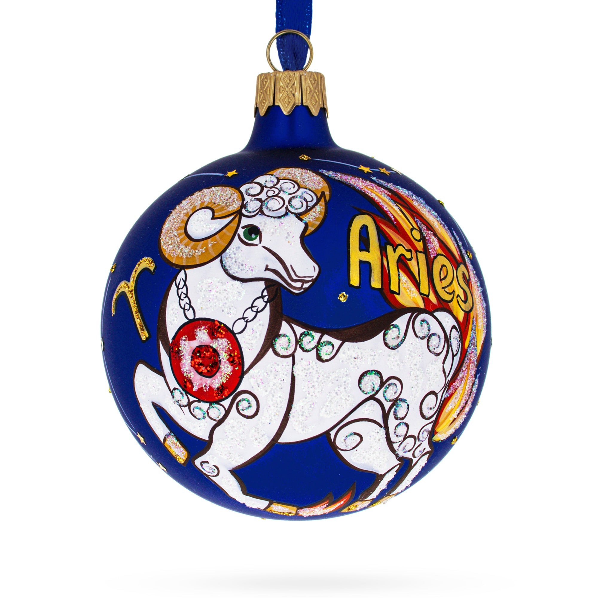 Fiery Aries: Zodiac Horoscope Sign Blown Glass Ball Christmas Ornament 3.25 Inches