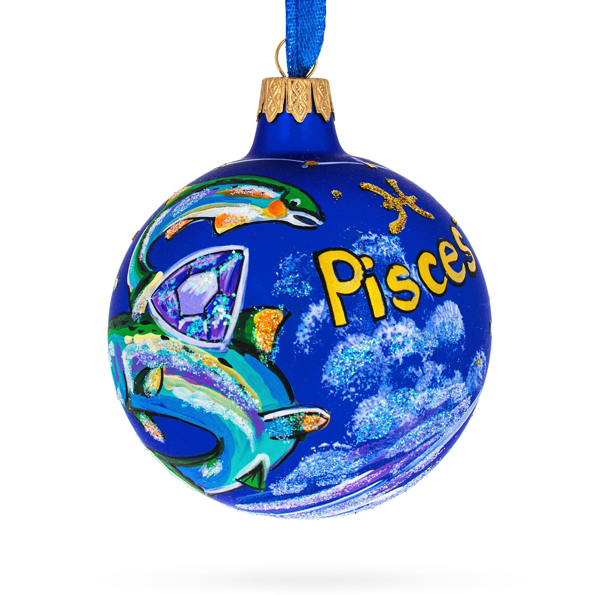 Dual Fish Pisces: Zodiac Horoscope Sign Blown Glass Ball Christmas Ornament 3.25 Inches