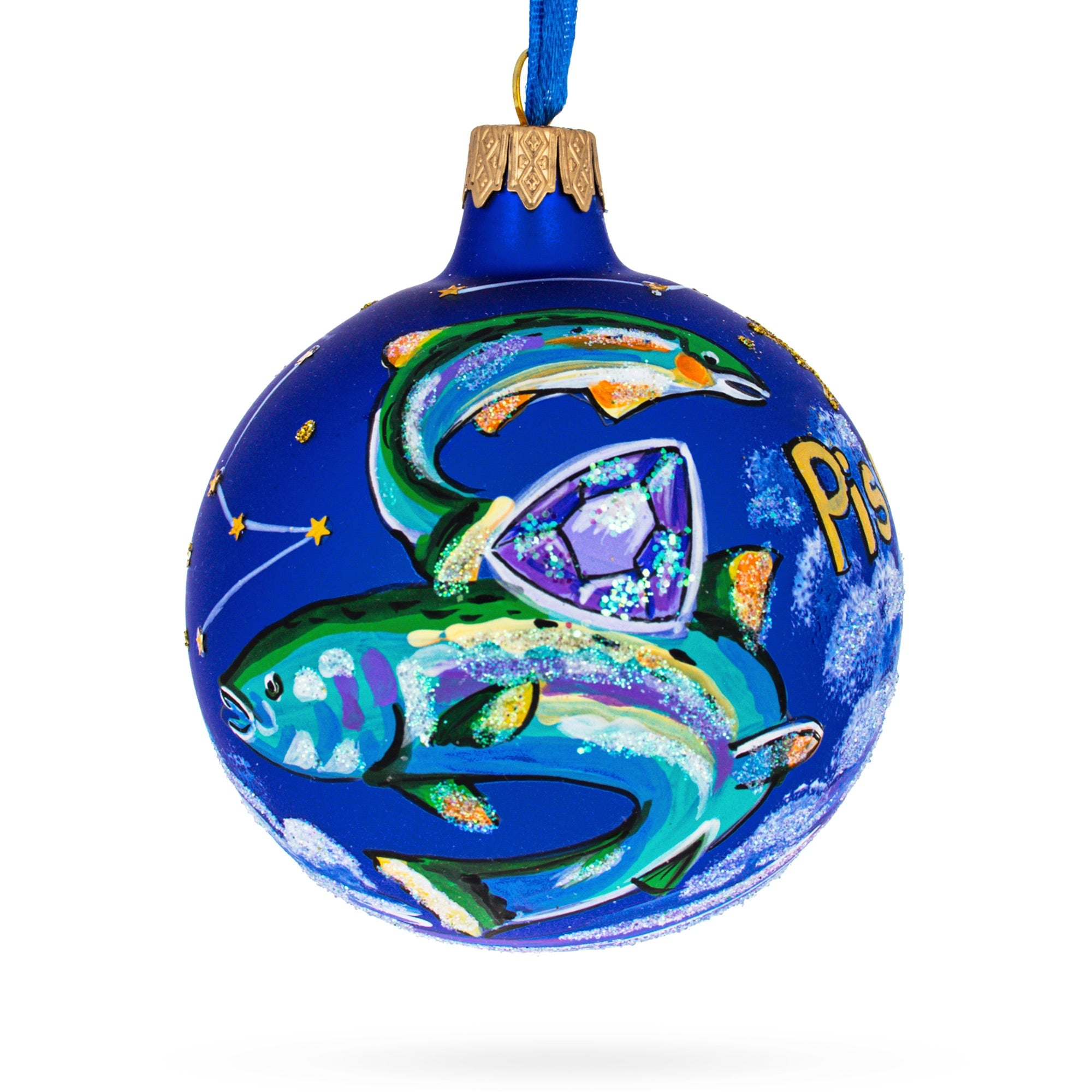 Dual Fish Pisces: Zodiac Horoscope Sign Blown Glass Ball Christmas Ornament 3.25 Inches