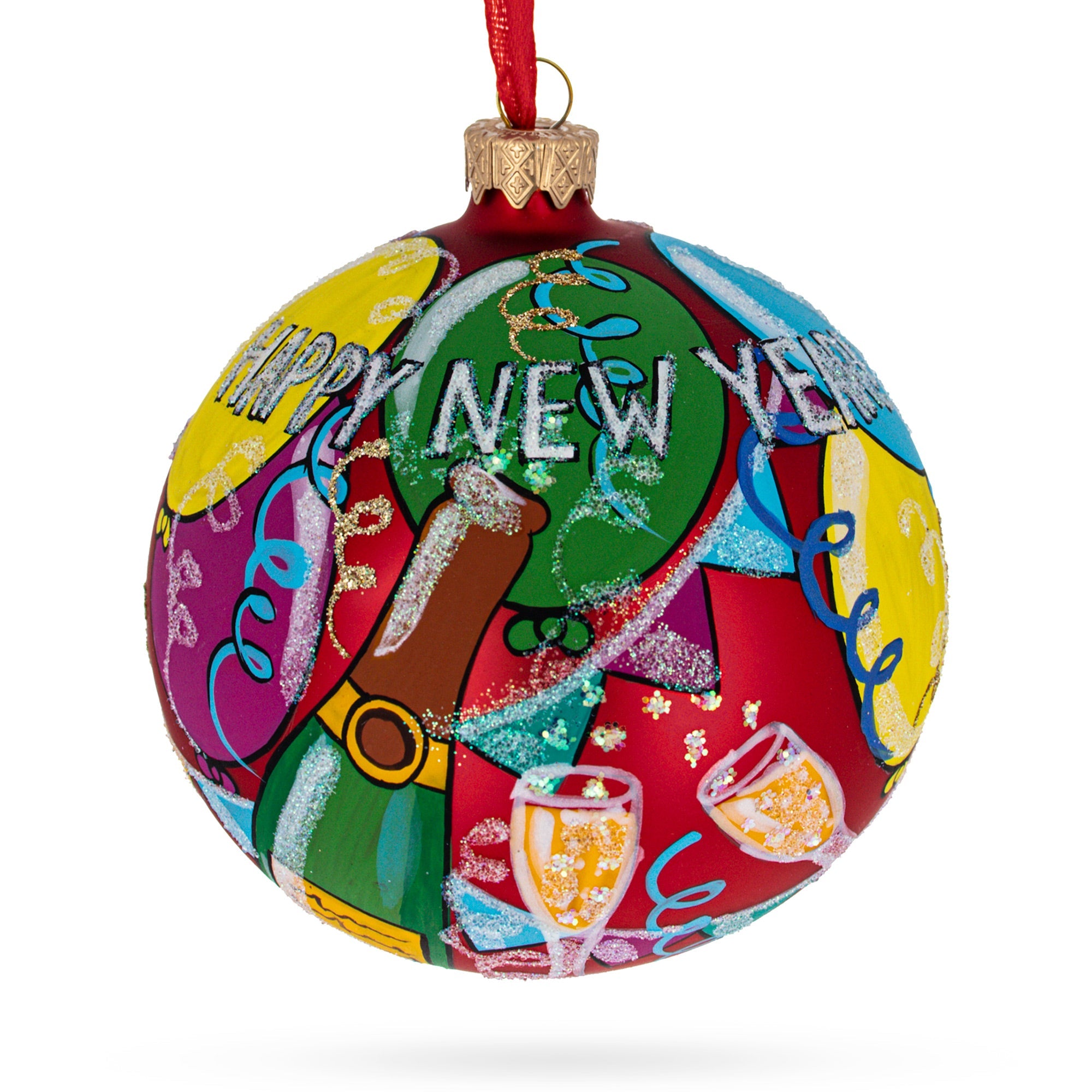 Happy New Year: Festive Celebration Blown Glass Ball Christmas Ornament 4 Inches