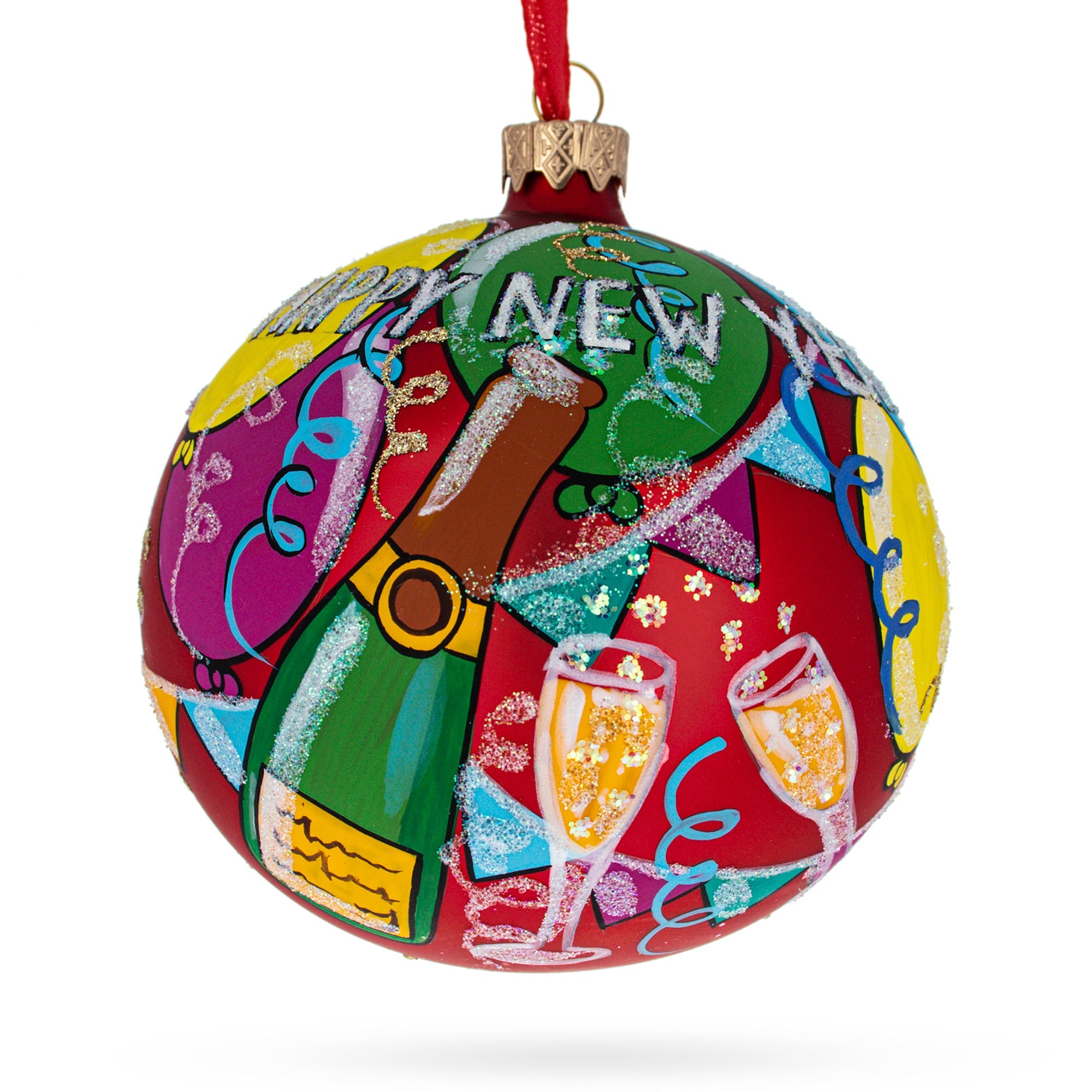 Happy New Year: Festive Celebration Blown Glass Ball Christmas Ornament 4 Inches