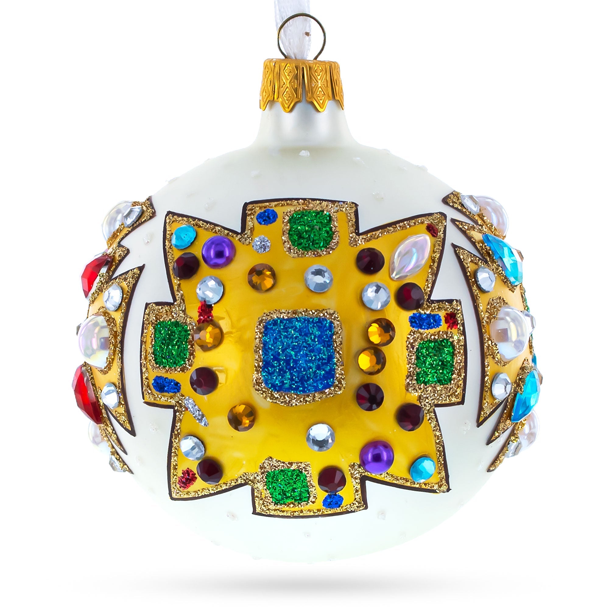 French Couturier-inspired Bejeweled Elegance Blown Glass Ball Christmas Ornament 3.25 Inches