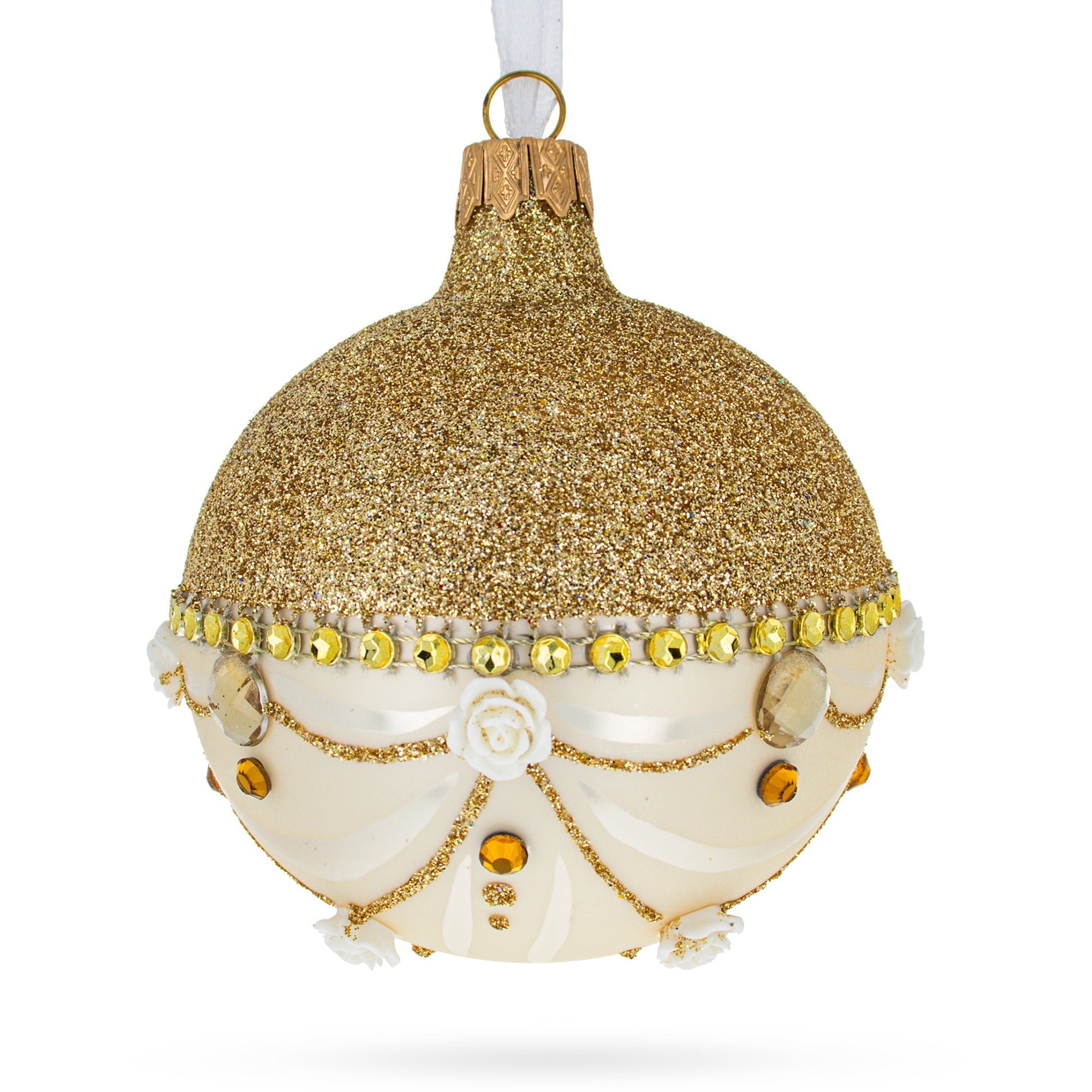 Opulent Golden Chandelier Elegance Blown Glass Ball Christmas Ornament 3.25 Inches