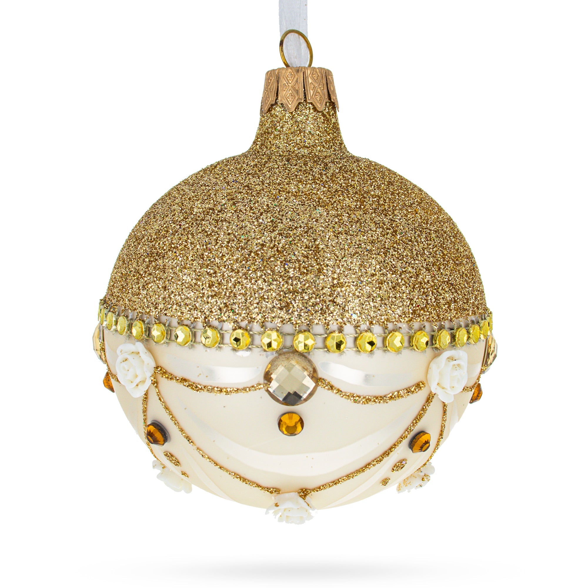 Opulent Golden Chandelier Elegance Blown Glass Ball Christmas Ornament 3.25 Inches