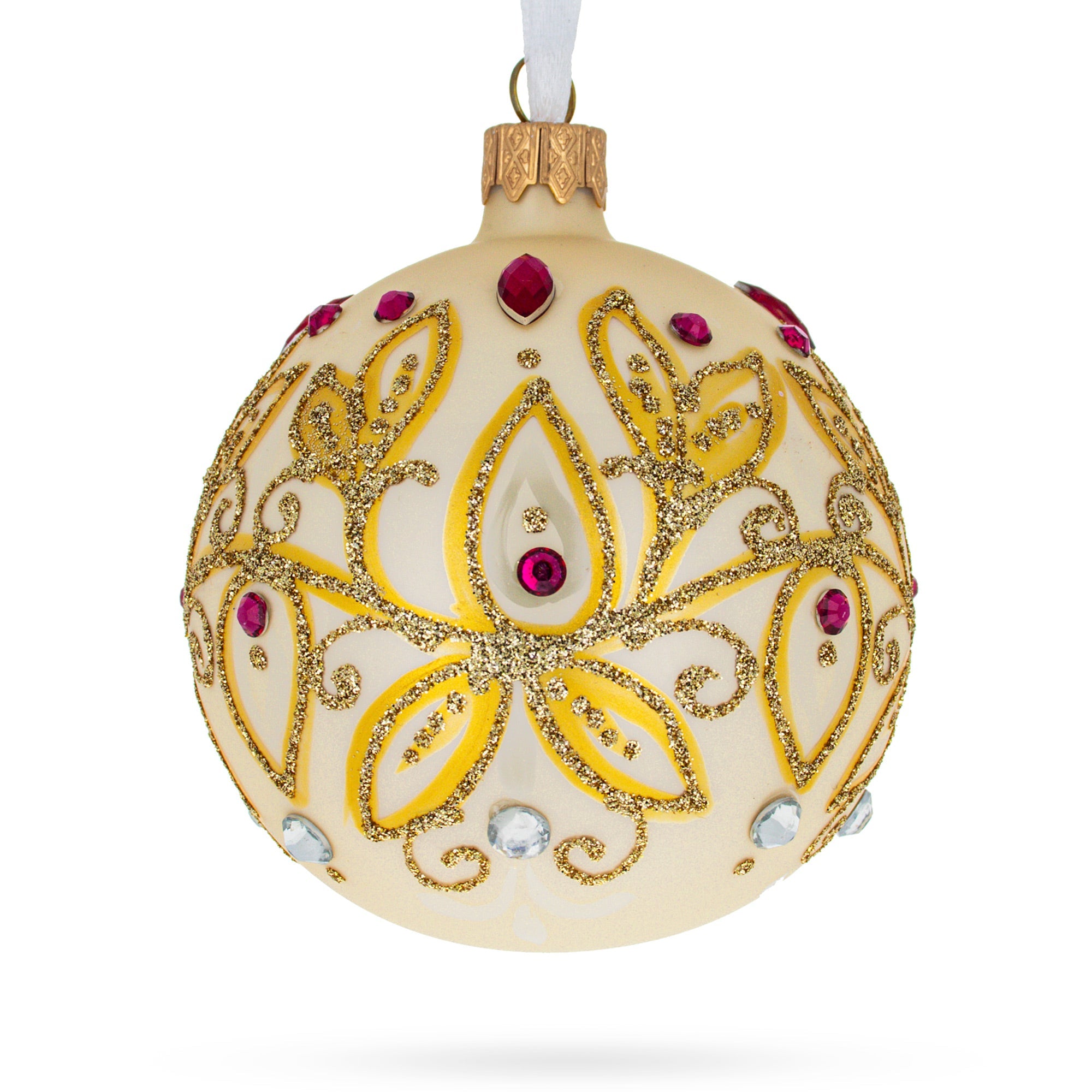 Autumn Radiance: Gilded Golden Leaves Blown Glass Ball Christmas Ornament 3.25 Inches