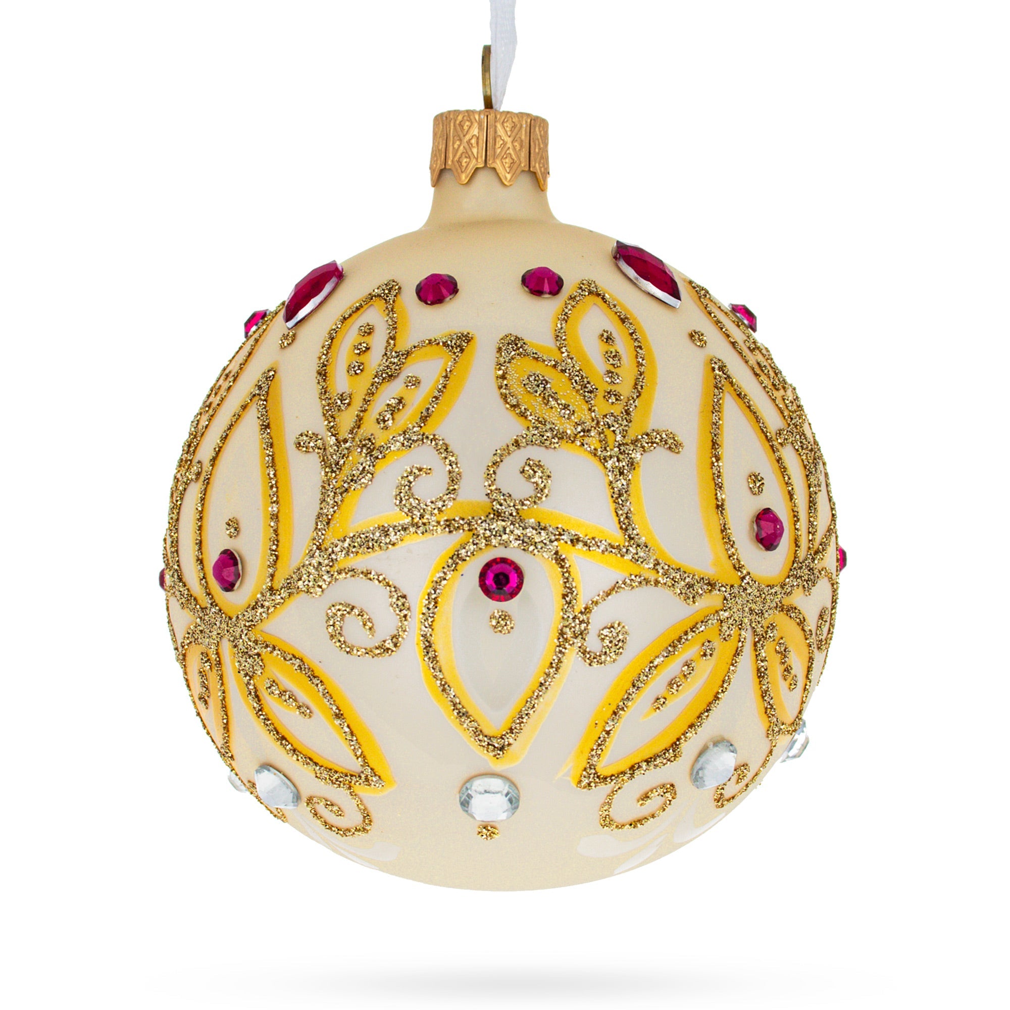 Autumn Radiance: Gilded Golden Leaves Blown Glass Ball Christmas Ornament 3.25 Inches