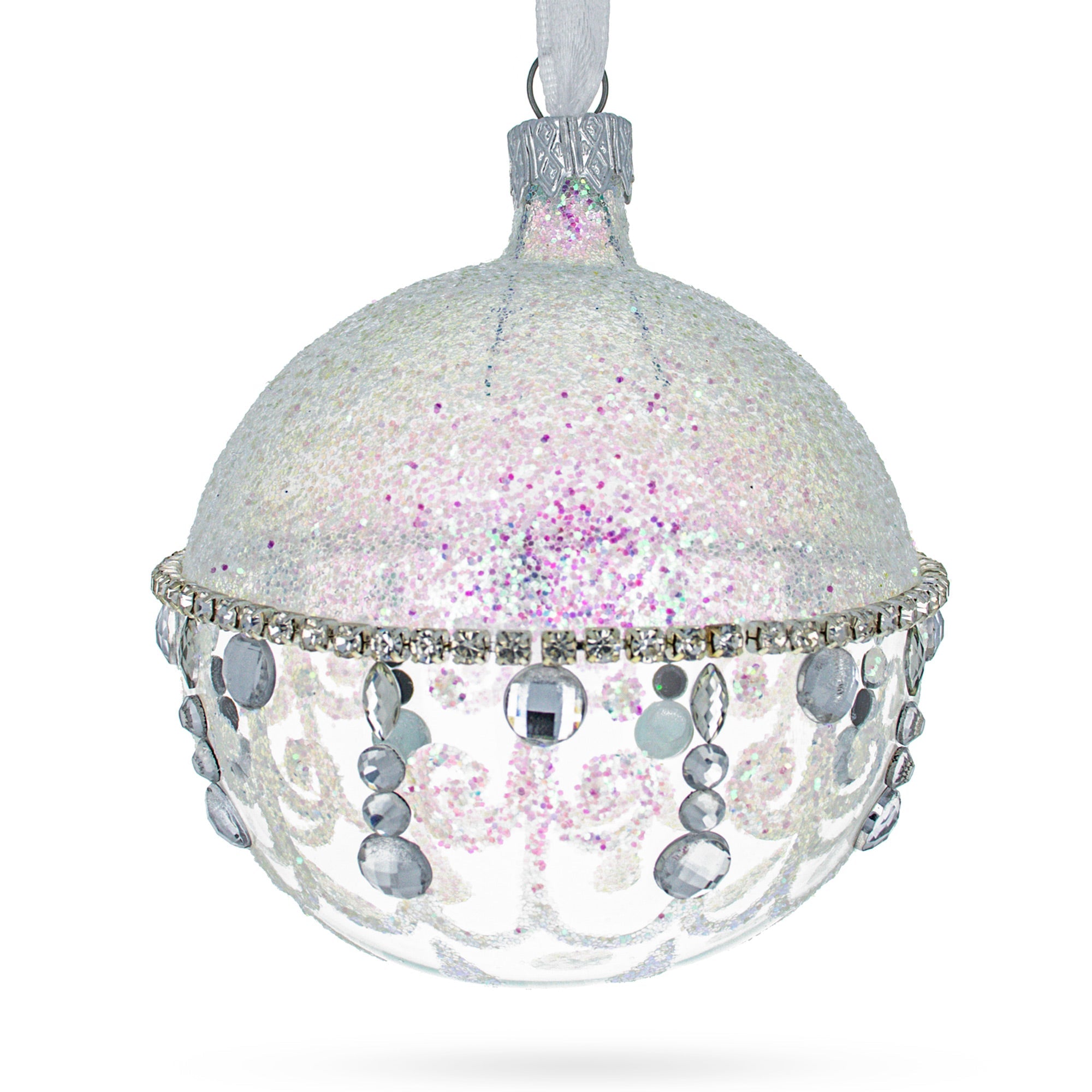 Luxe Luster: Glistening Diamond Chandelier Elegantly Depicted On A Crystal Clear Hand-painted Blown Glass Ball Christmas Ornament 3.25 Inches