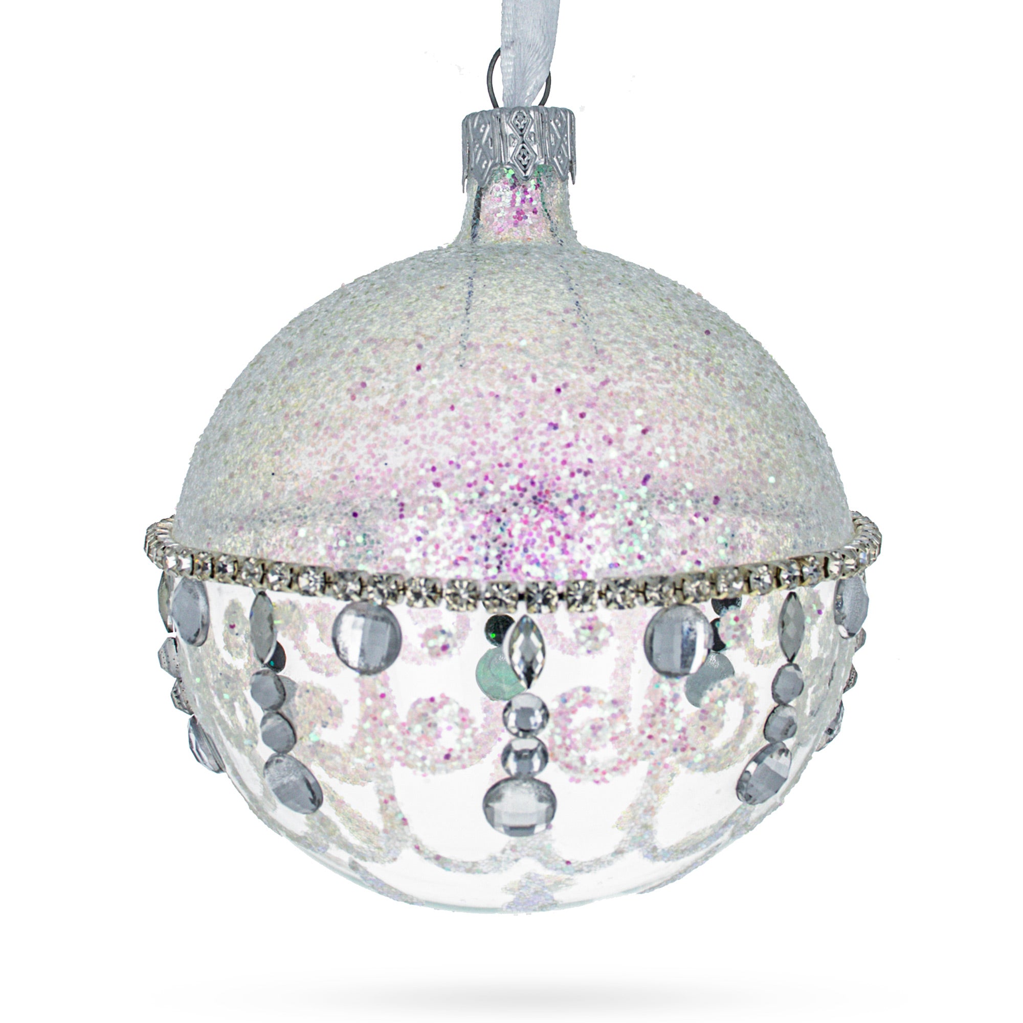 Luxe Luster: Glistening Diamond Chandelier Elegantly Depicted On A Crystal Clear Hand-painted Blown Glass Ball Christmas Ornament 3.25 Inches