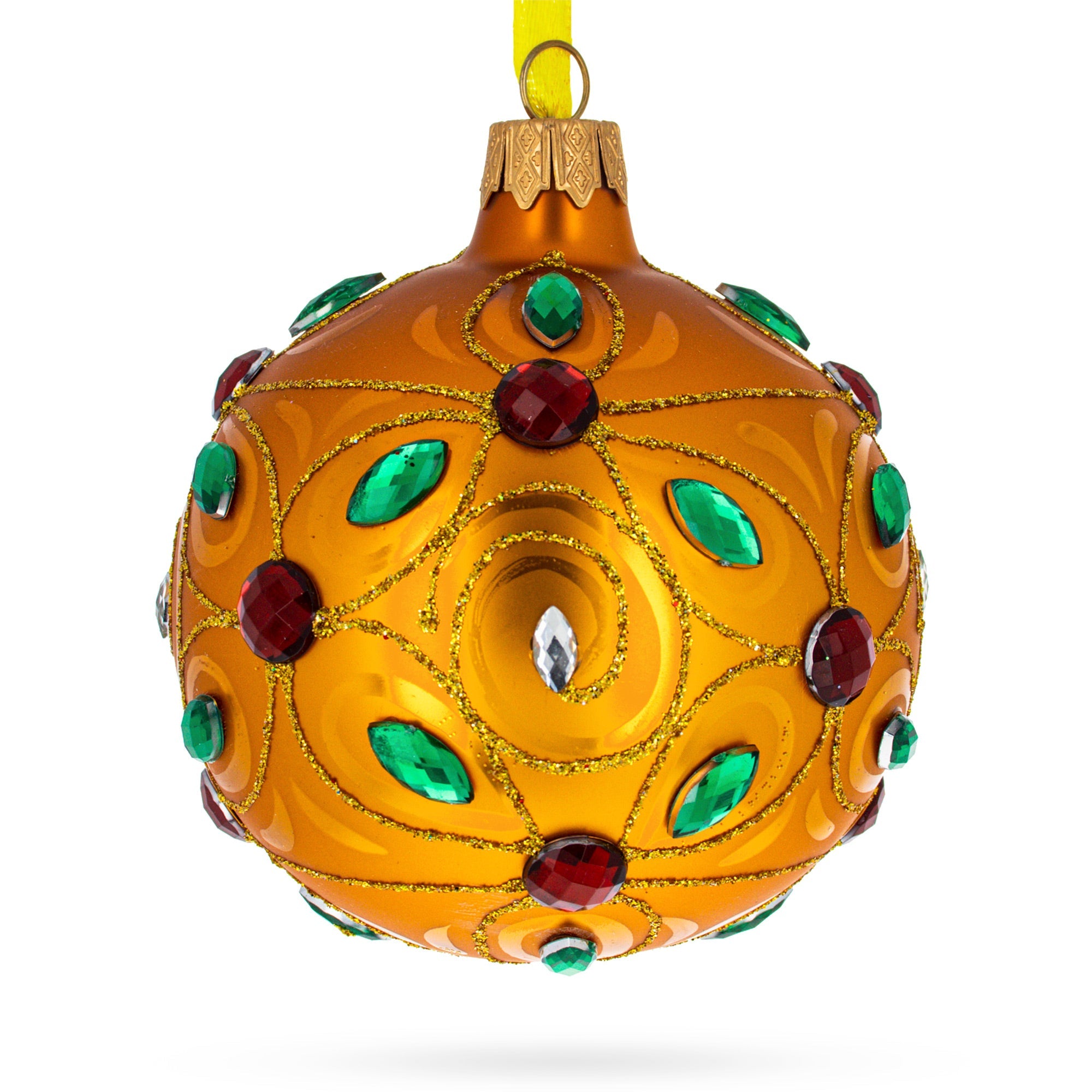 Opulent Spectrum: Radiant Multicolored Jewels Adorned On A Gilded Hand-painted Blown Glass Ball Christmas Ornament 3.25 Inches